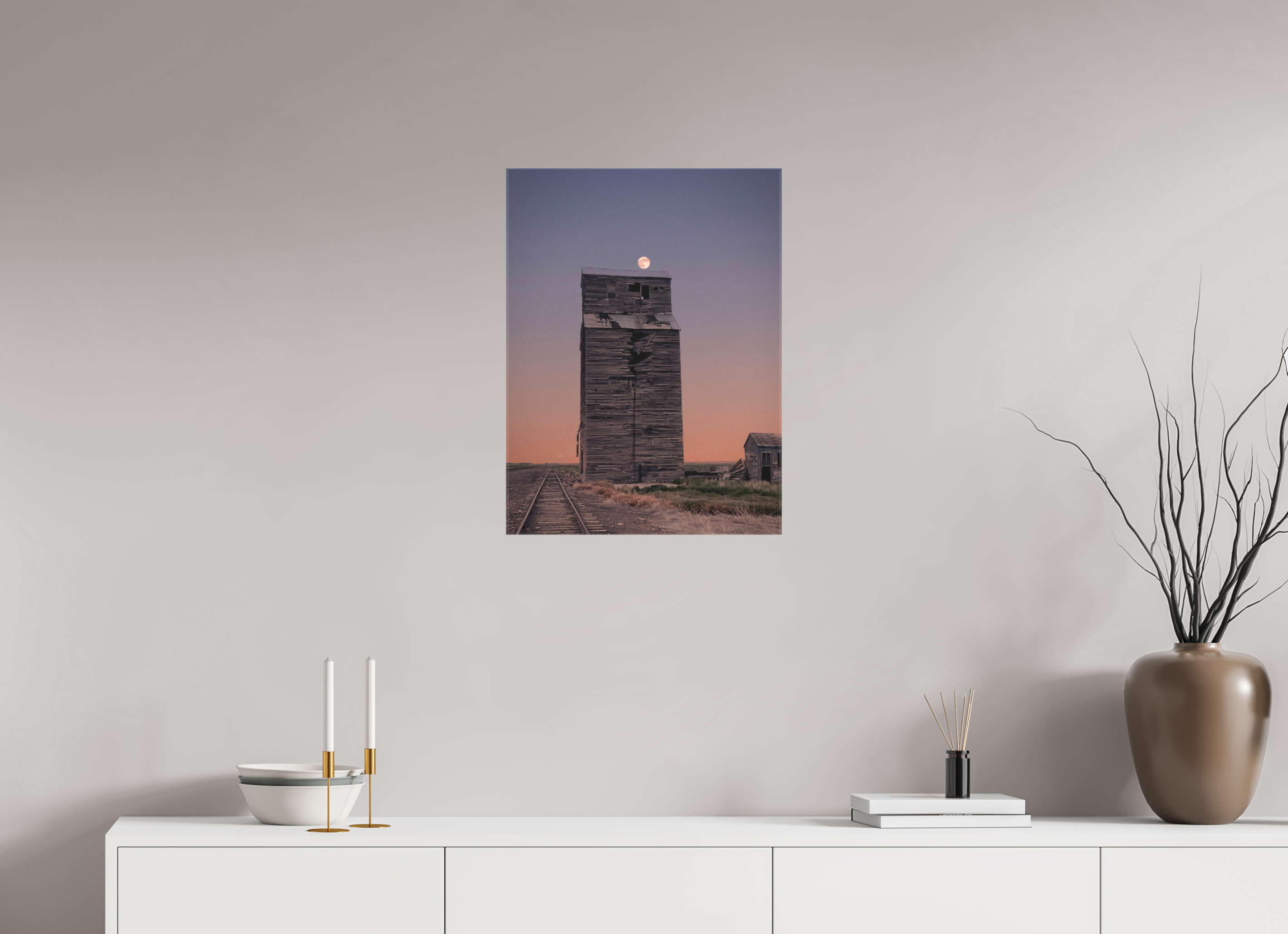 18 x 24″, Gloss Canvas Pink Moon Haze: Abandoned Grain Elevator