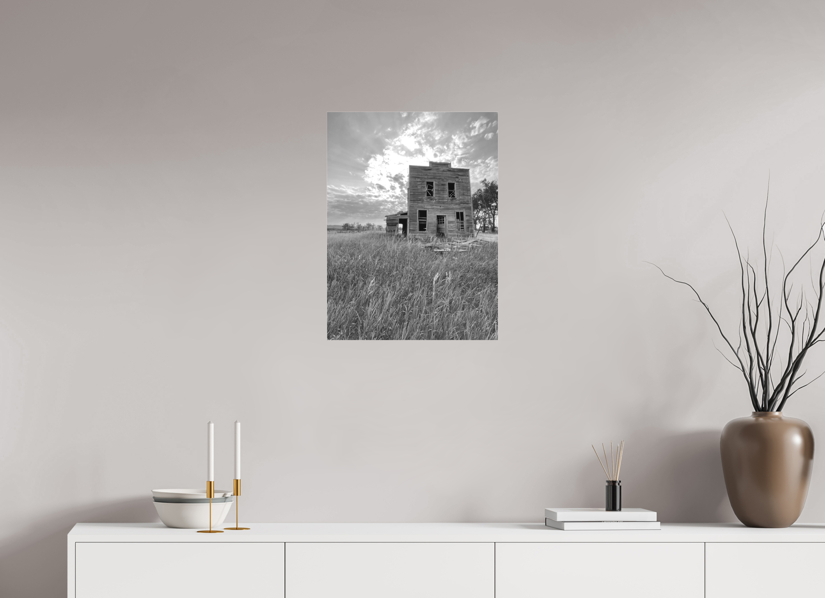 18 x 24″, B & W Acrylic Still Standing: Abandoned Prairie Homestead