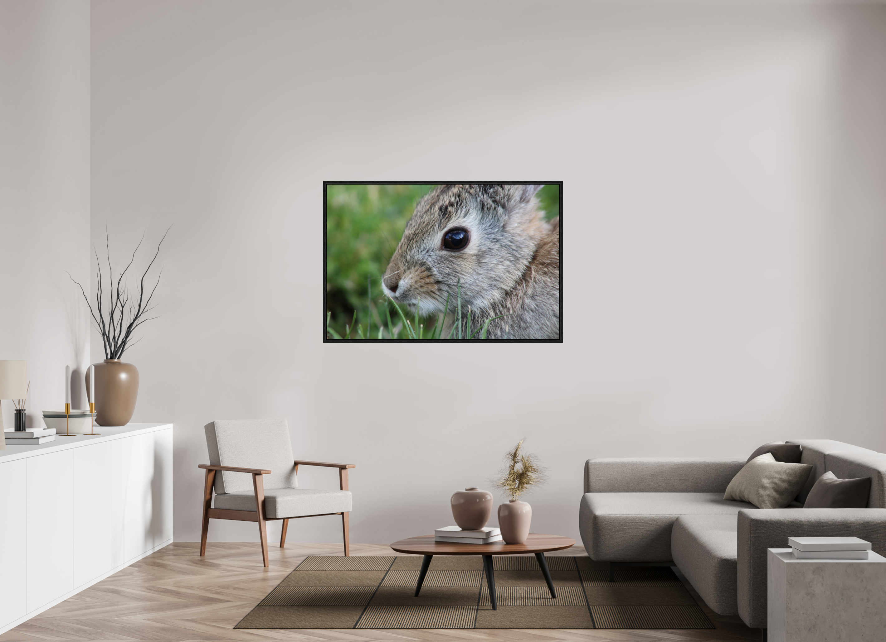 54 x 36″, Floater Frame Eye to Eye: Cottontail Rabbit Portrait