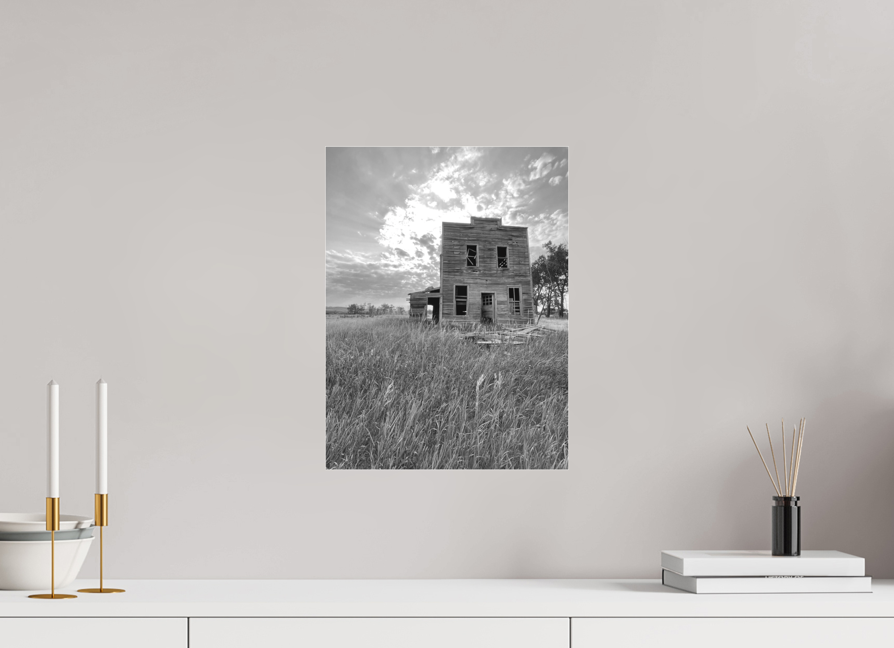 12 x 16″, B & W Acrylic Still Standing: Abandoned Prairie Homestead
