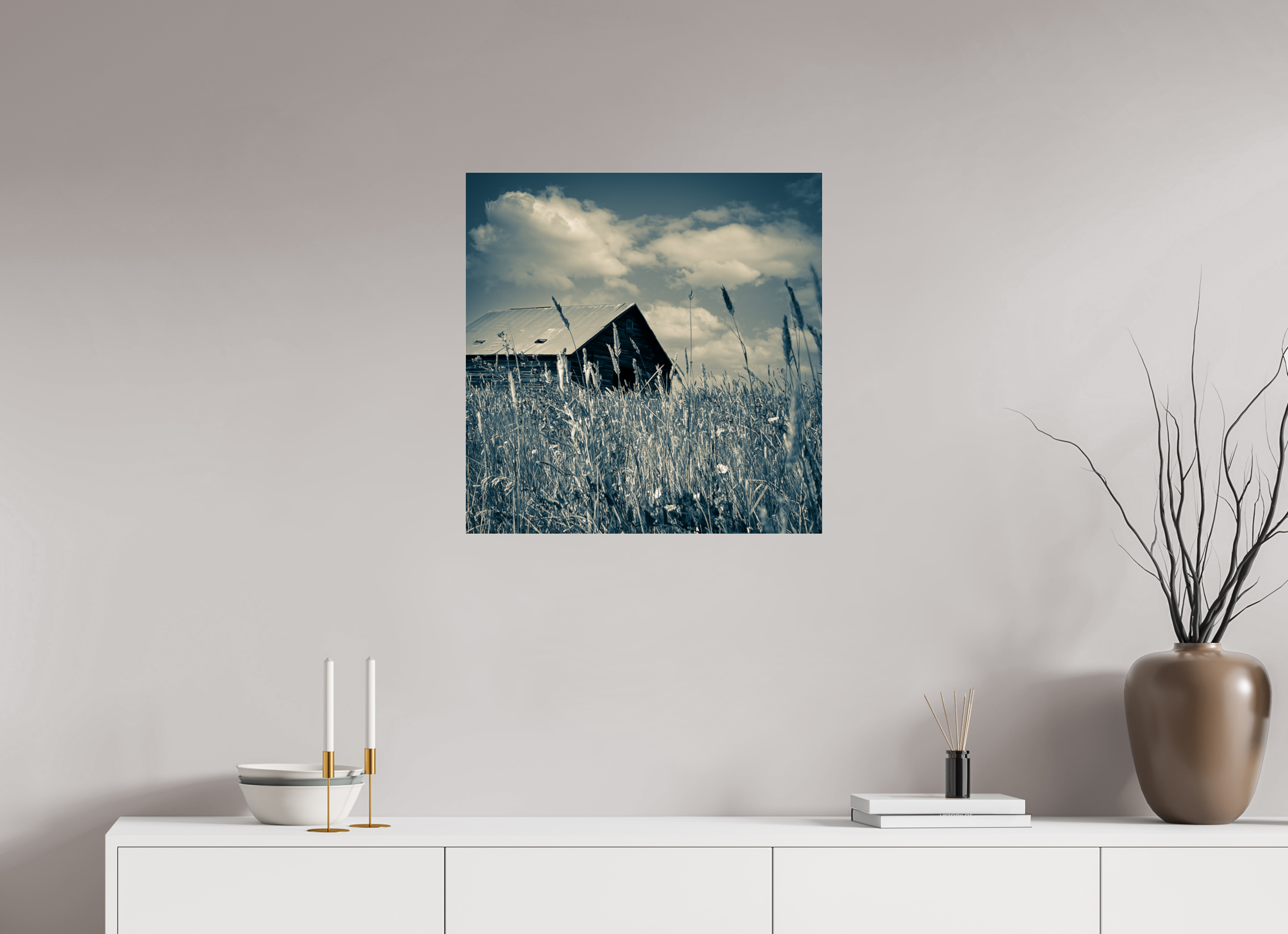 24 x 24.3″, Photo Print Under Acrylic Glass Reclaimed: Abandoned Barn Through Prairie Grass