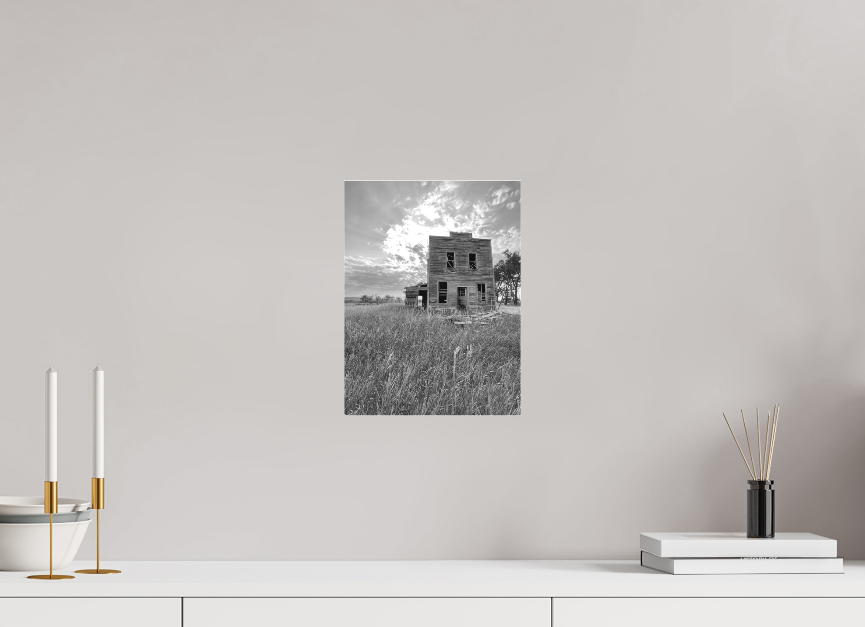 9 x 12″, B & W Acrylic Still Standing: Abandoned Prairie Homestead