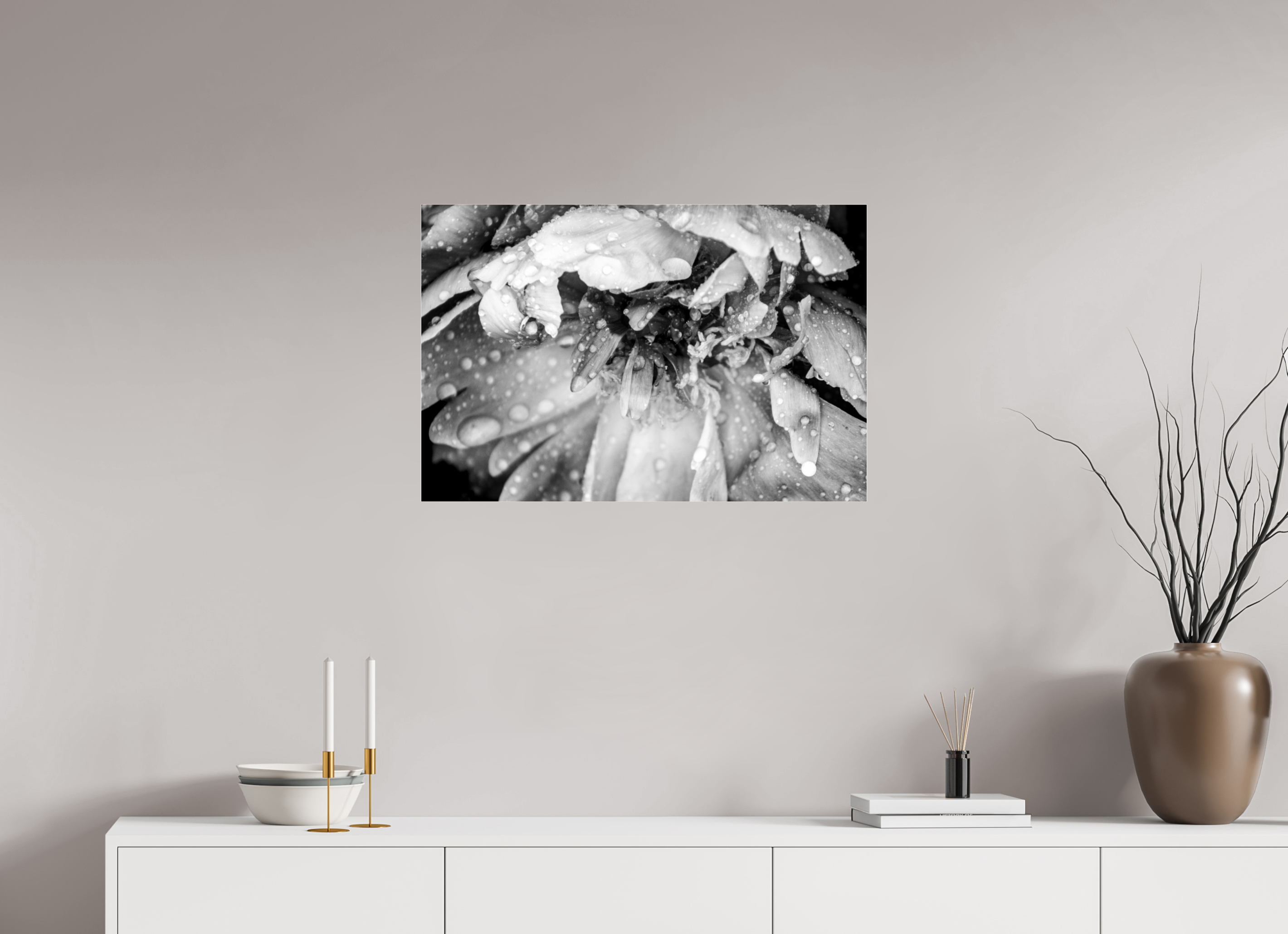 30 x 20″, Photo Print Under Acrylic Glass After the Rain: Black and White Flower Fine Art Print