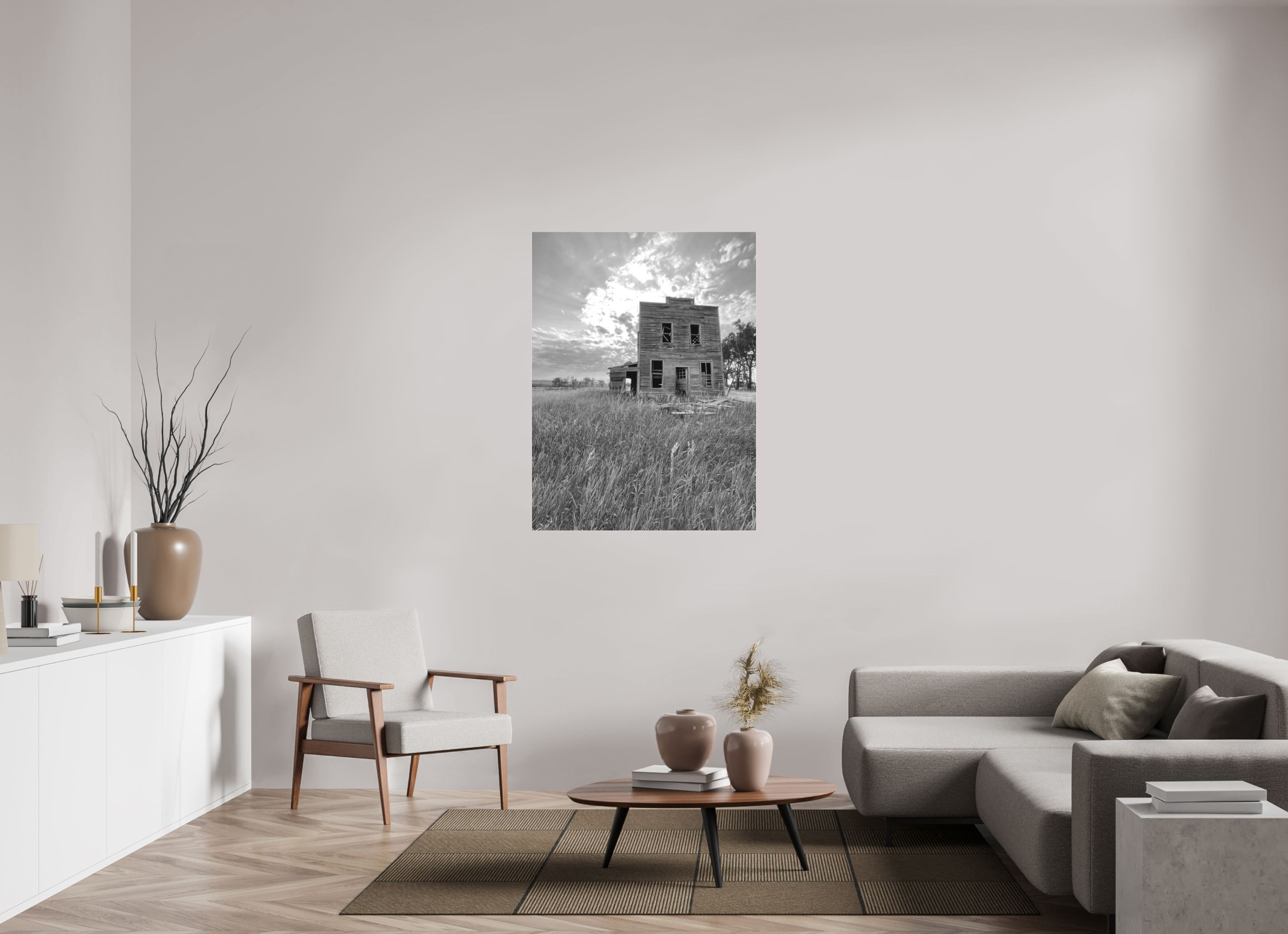 36 x 48″, B & W Acrylic Still Standing: Abandoned Prairie Homestead