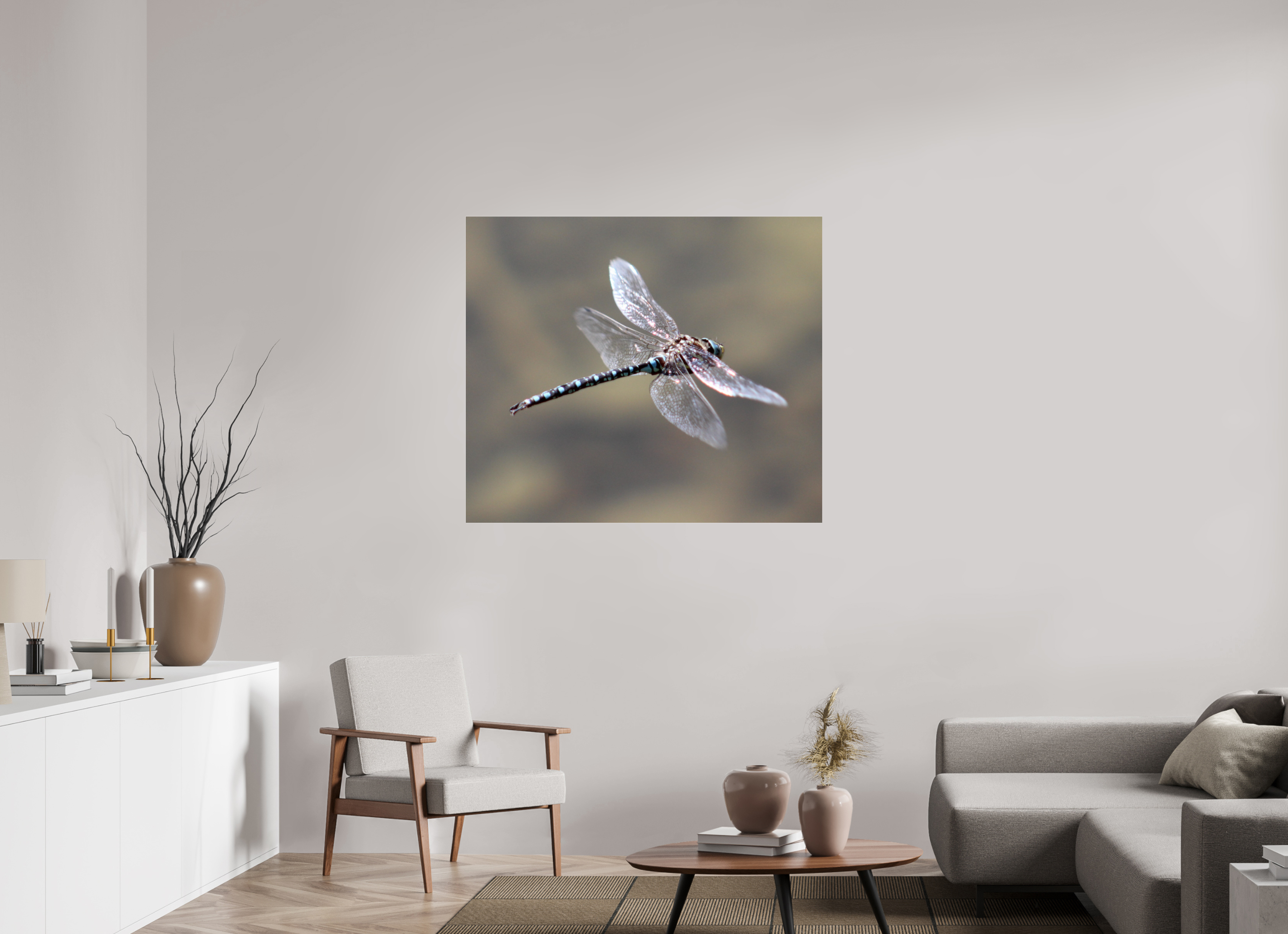 45.4 x 39″, Photo Print Under Acrylic Glass Suspended: Blue Dragonfly in Flight