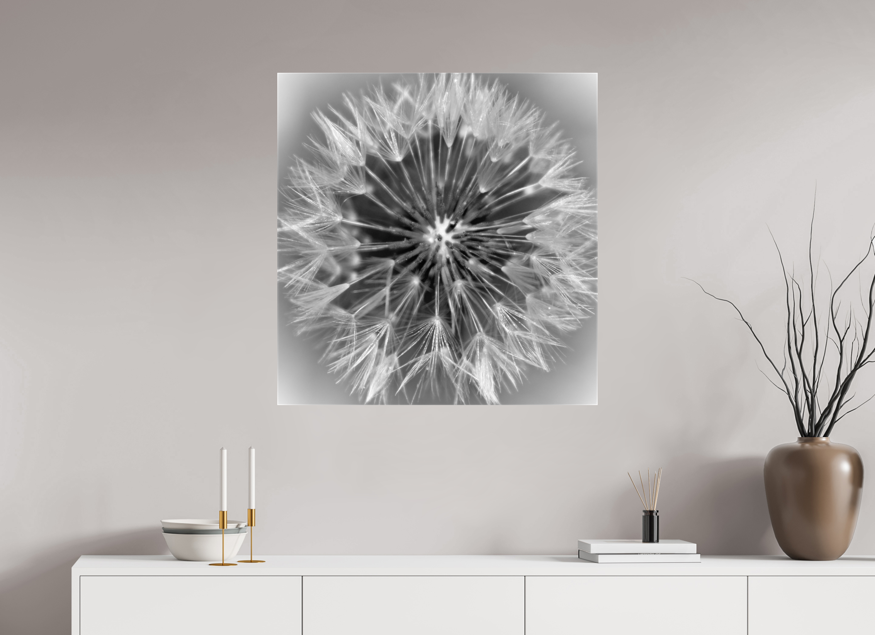 31 x 32.1″, Gloss Canvas Geometry of a Wish: Dandelion Clock Black and White