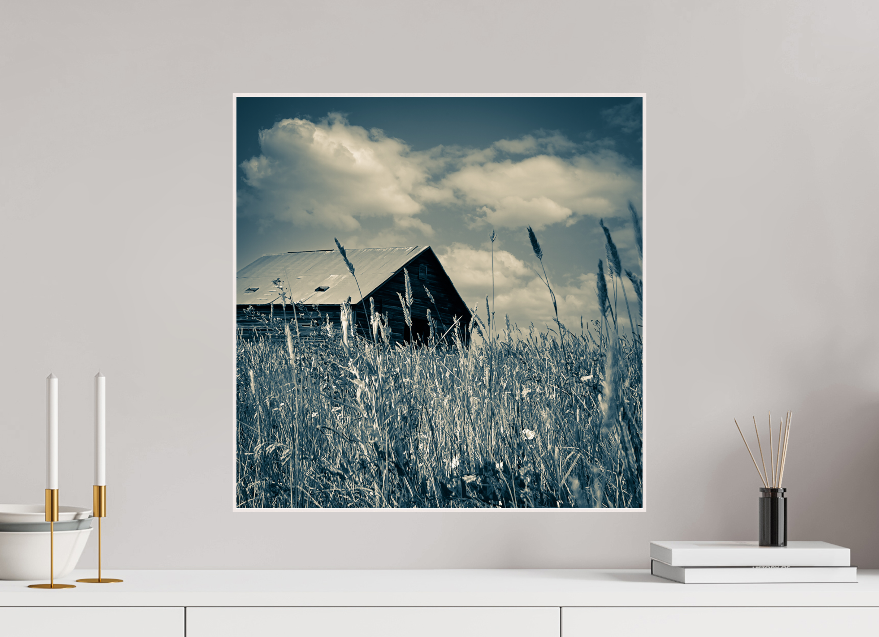 20 x 20.3″, Wood ArtBox with Acrylic Reclaimed: Abandoned Barn Through Prairie Grass