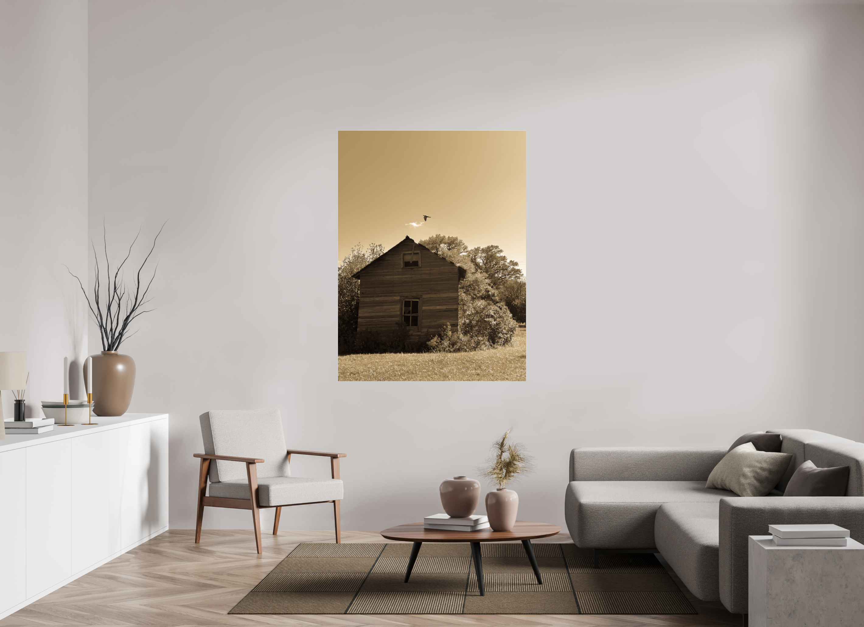 45 x 60″, Photo Print Under Acrylic Glass Taking Flight: Abandoned Homestead with Bird Fine Art Print