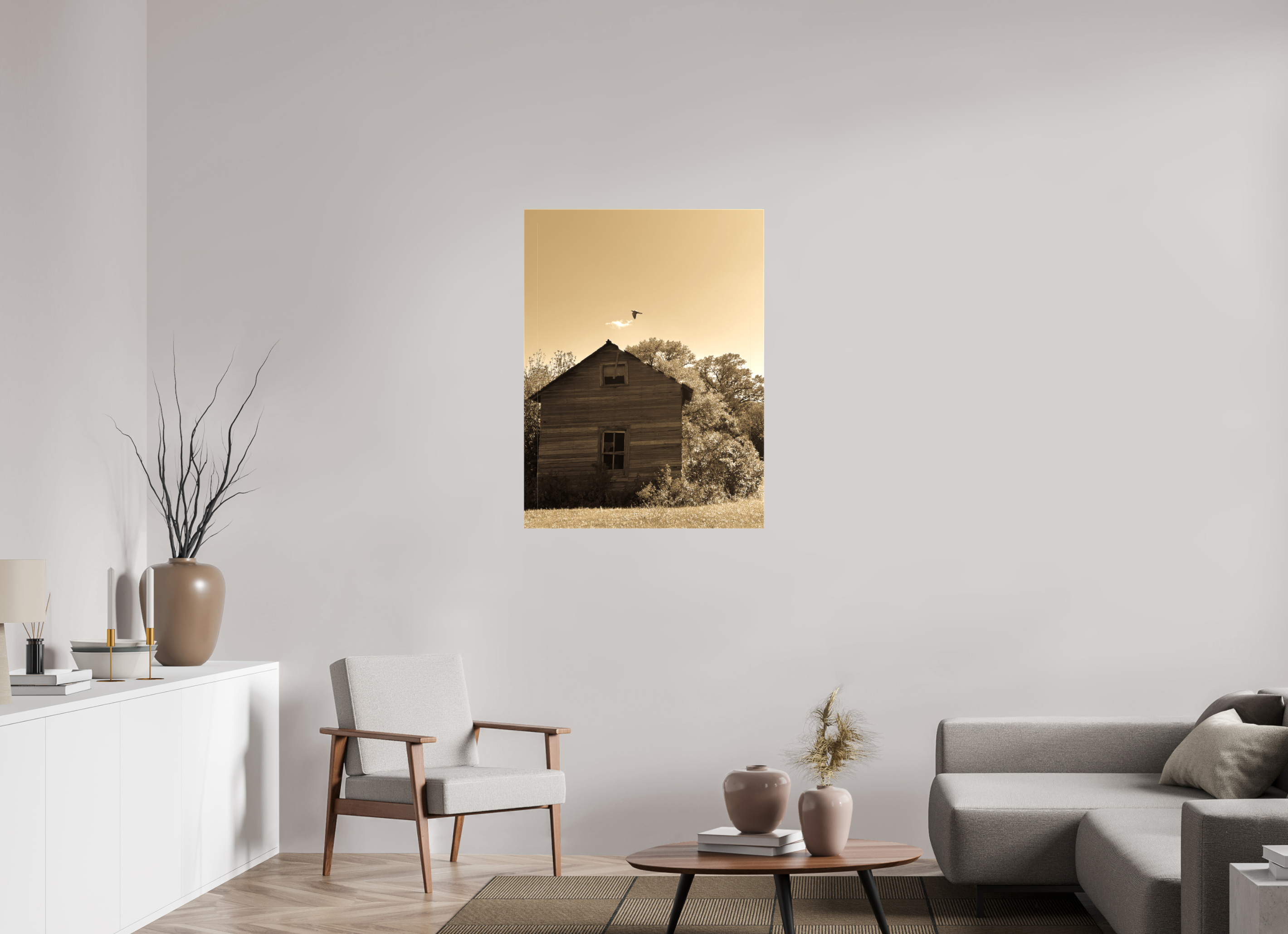 30 x 40″, Gloss Canvas Taking Flight: Abandoned Homestead with Bird Fine Art Print