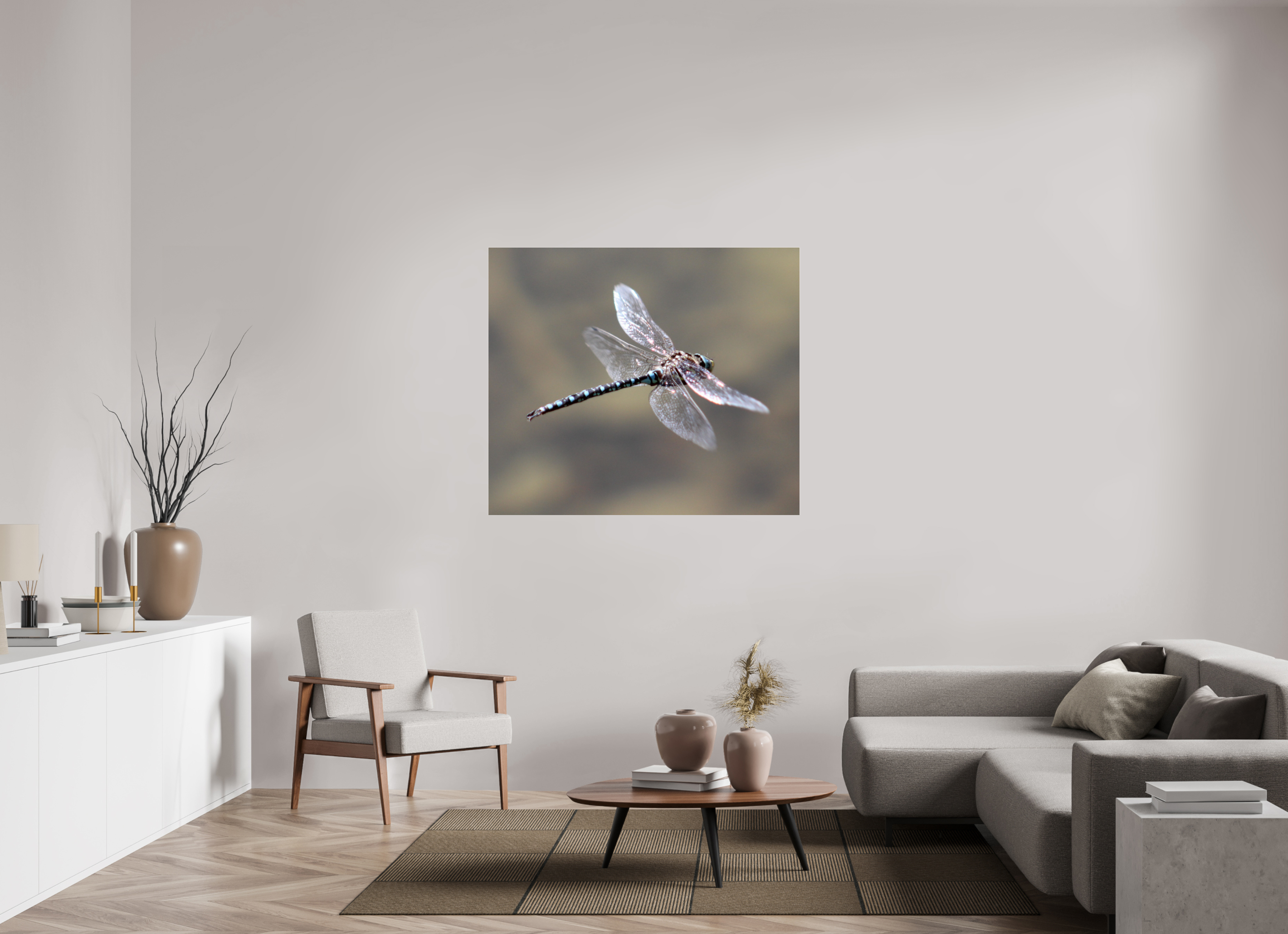 50 x 43″, Photo Print Under Acrylic Glass Suspended: Blue Dragonfly in Flight