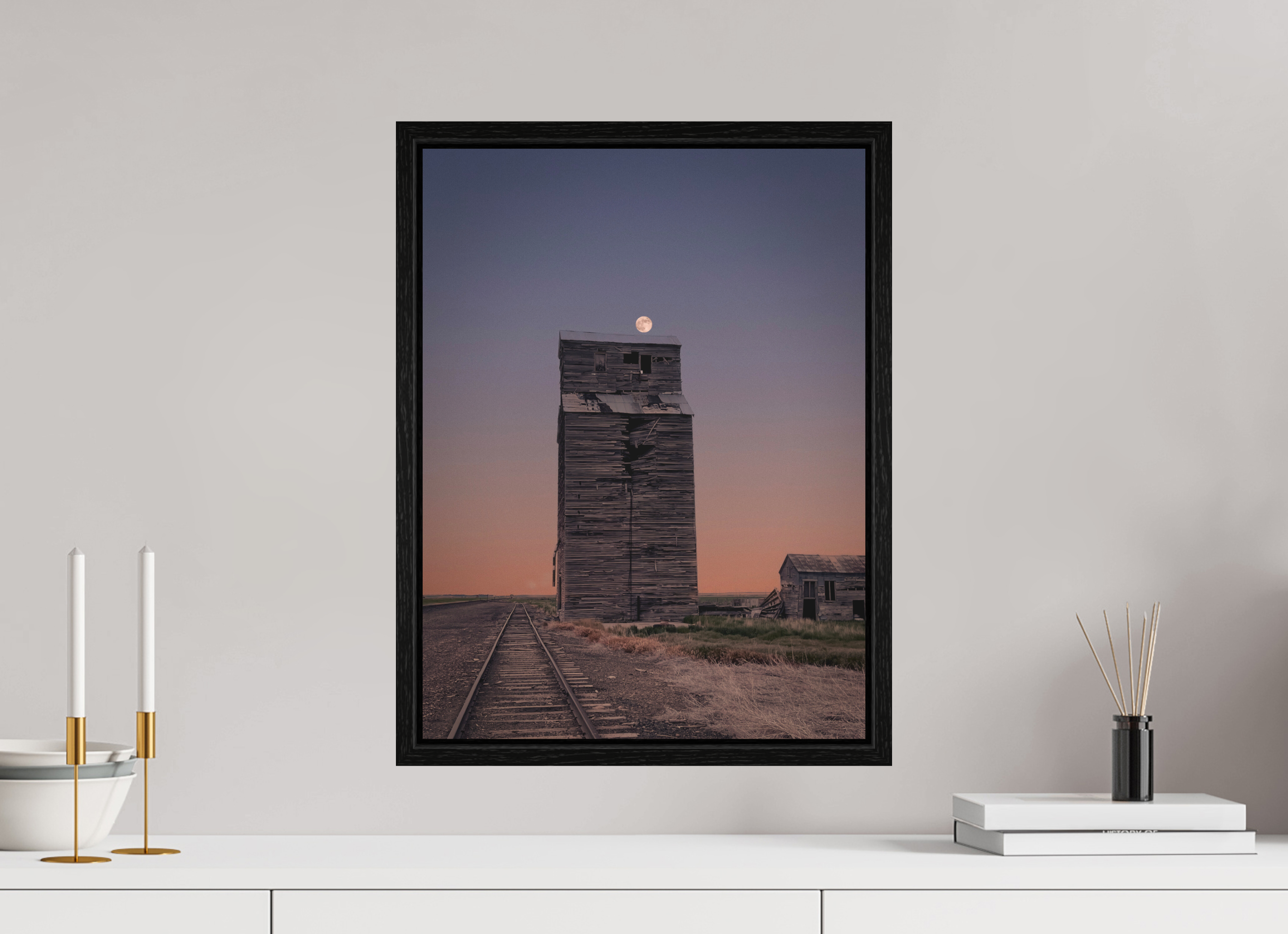15 x 20″, Floater Frame Pink Moon Haze: Abandoned Grain Elevator