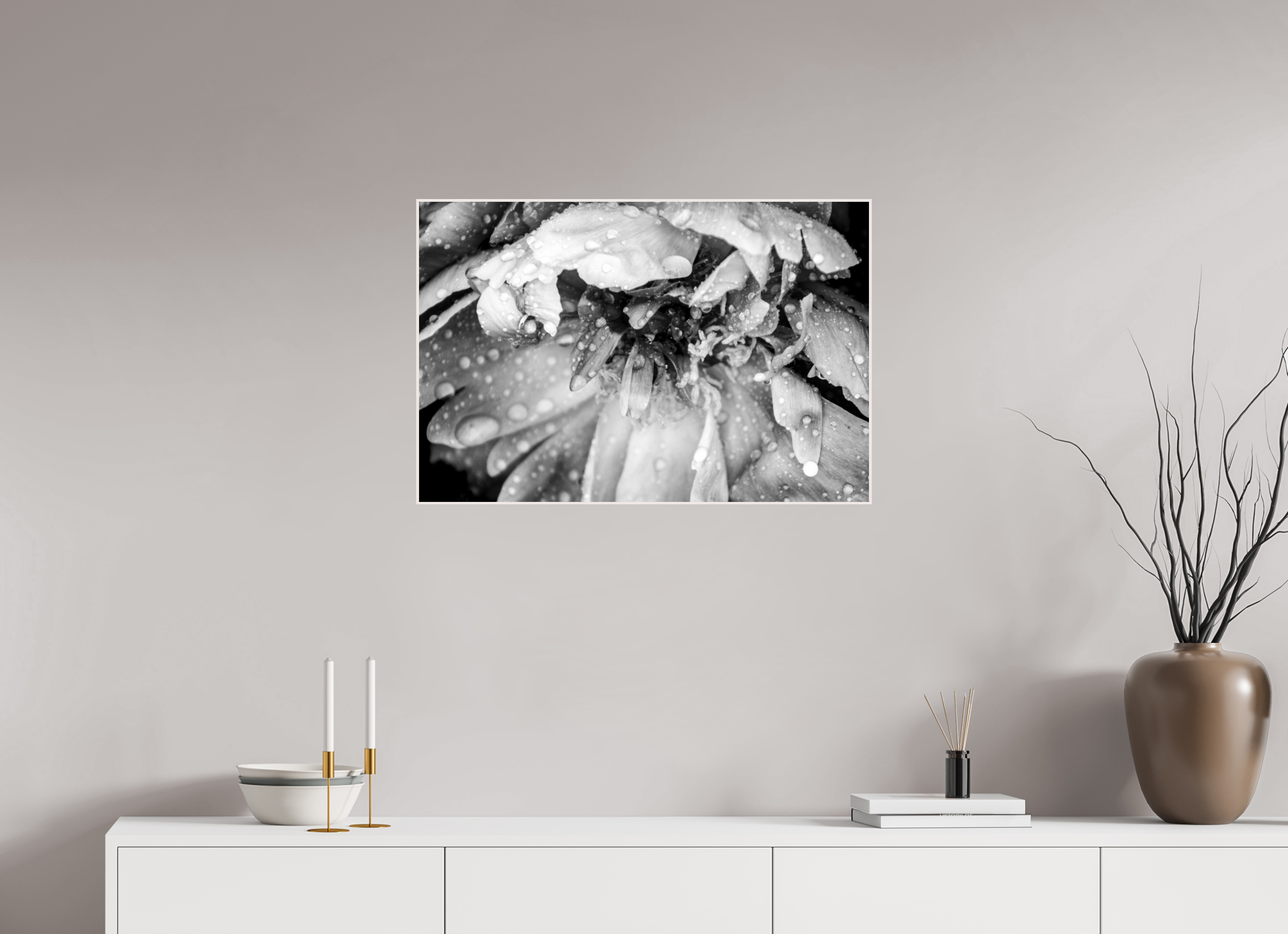 30 x 20″, Wood ArtBox with Acrylic After the Rain: Black and White Flower Fine Art Print