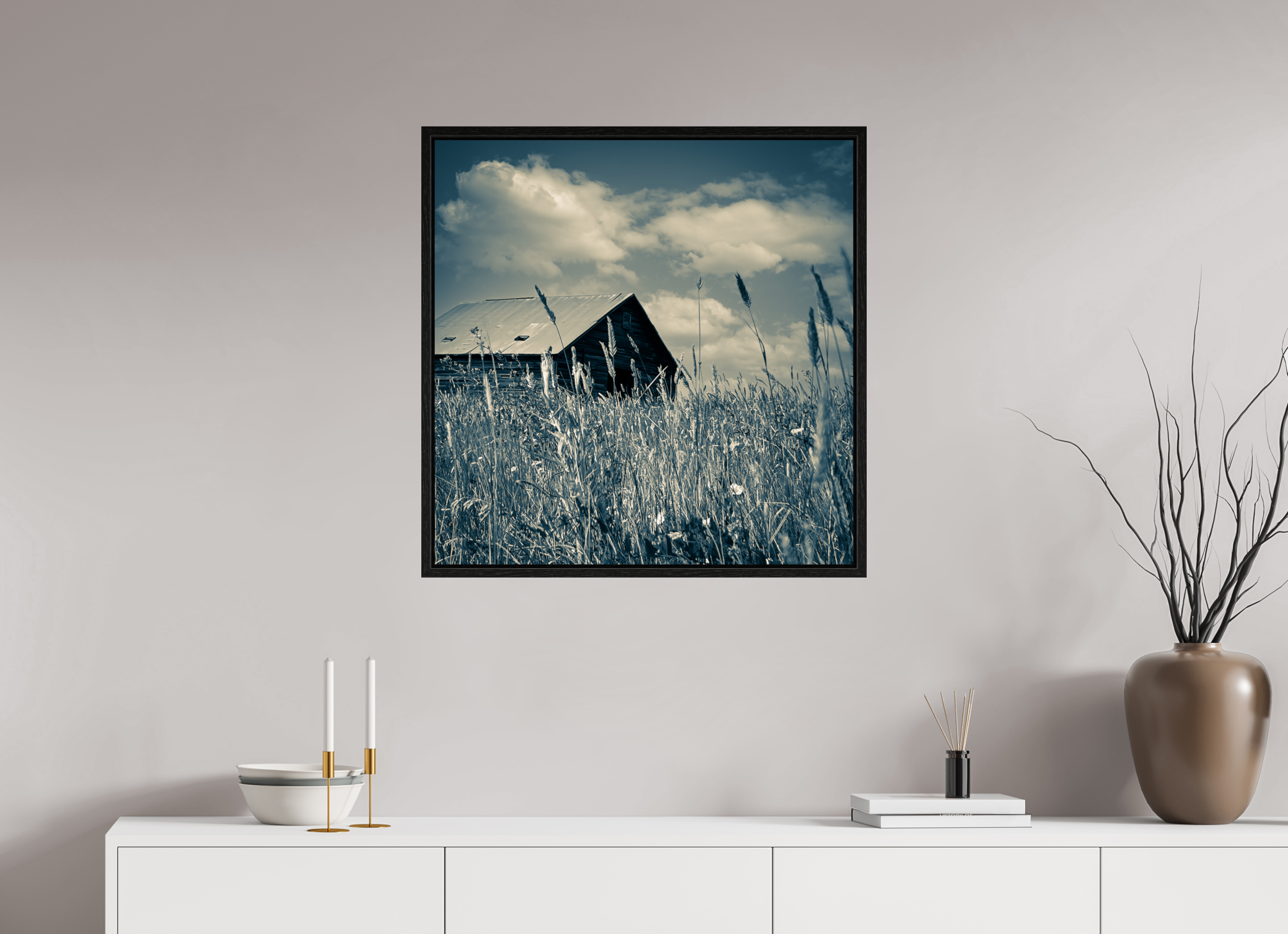 28 x 28.4″, Floater Frame Reclaimed: Abandoned Barn Through Prairie Grass