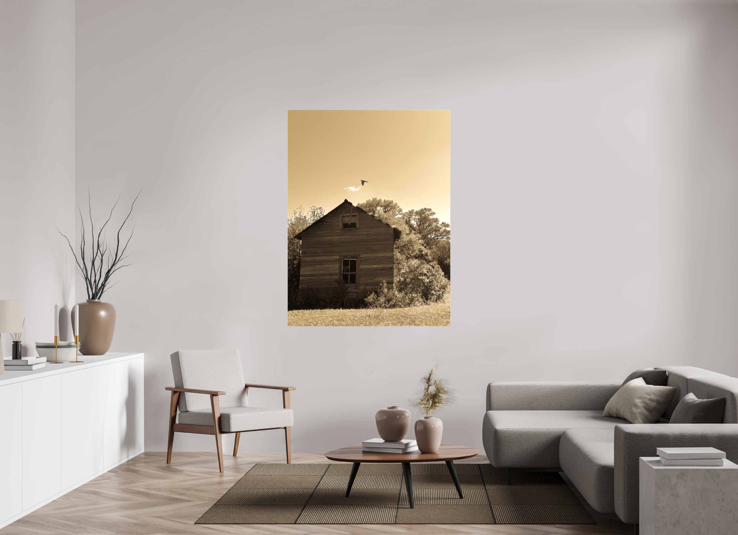 45 x 60″, Gloss Canvas Taking Flight: Abandoned Homestead with Bird Fine Art Print