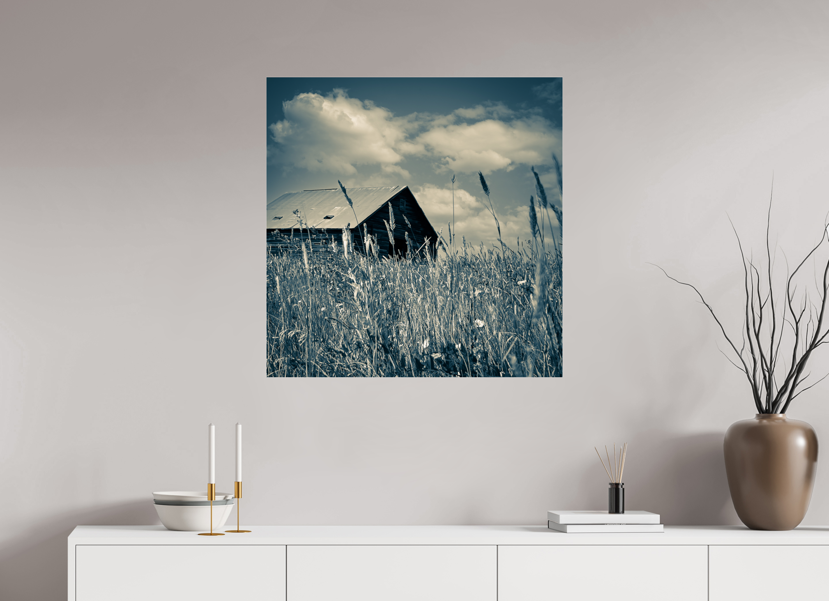 31 x 31.4″, Photo Print Under Acrylic Glass Reclaimed: Abandoned Barn Through Prairie Grass