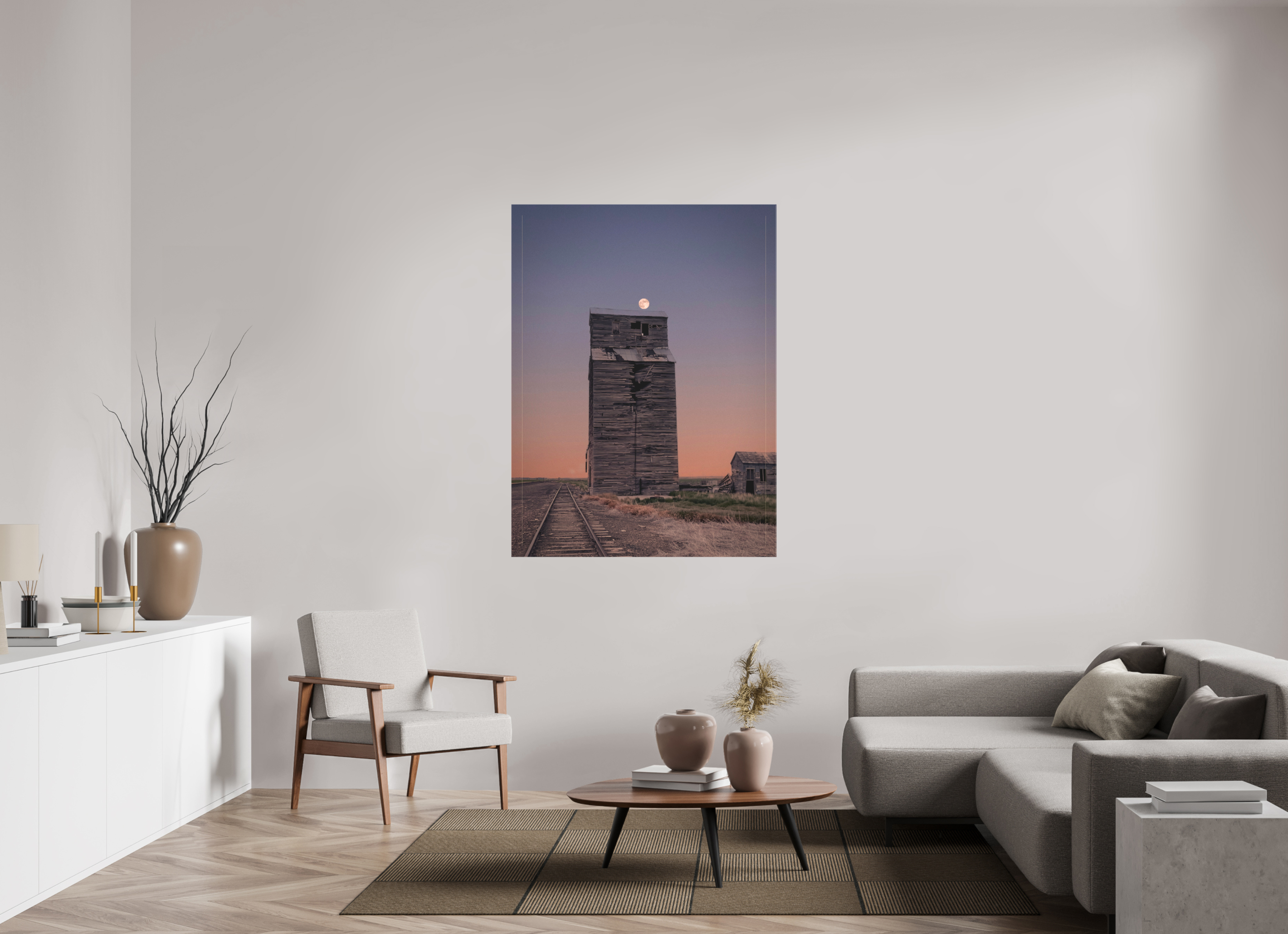 42 x 56″, Gloss Canvas Pink Moon Haze: Abandoned Grain Elevator