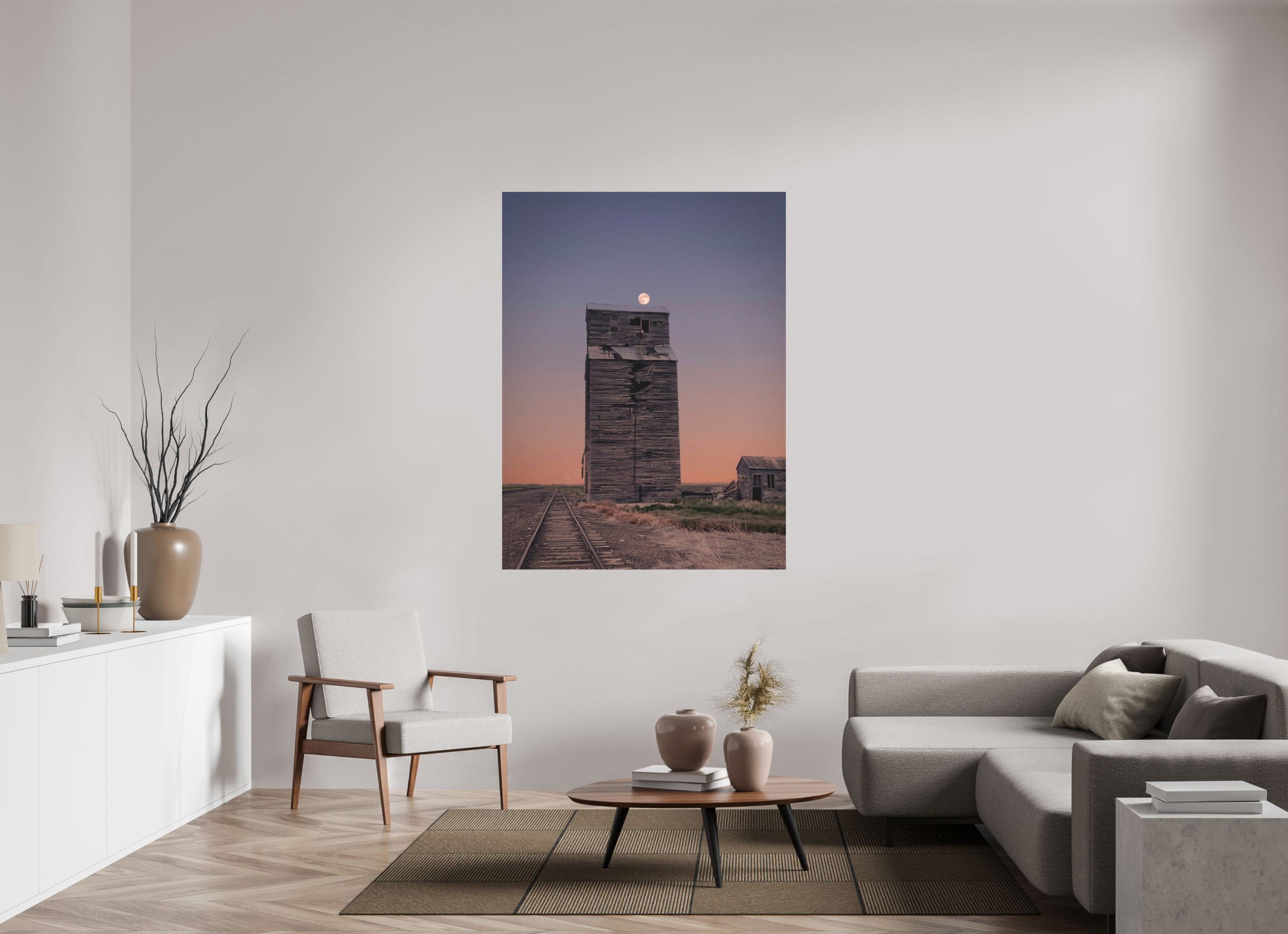 45 x 60″, Gloss Canvas Pink Moon Haze: Abandoned Grain Elevator