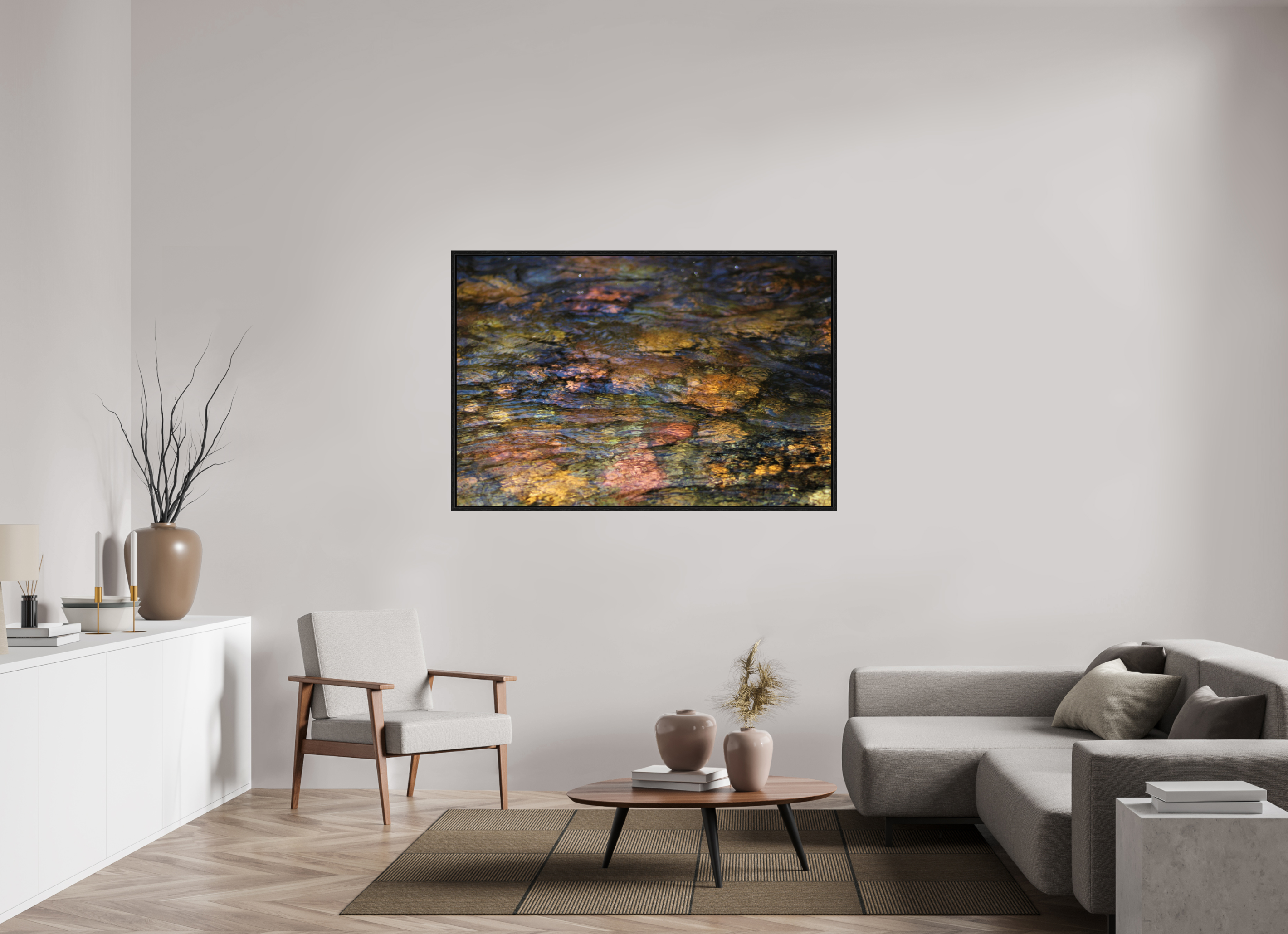 60 x 40″, Floater Frame Liquid Gold: Creek Stone