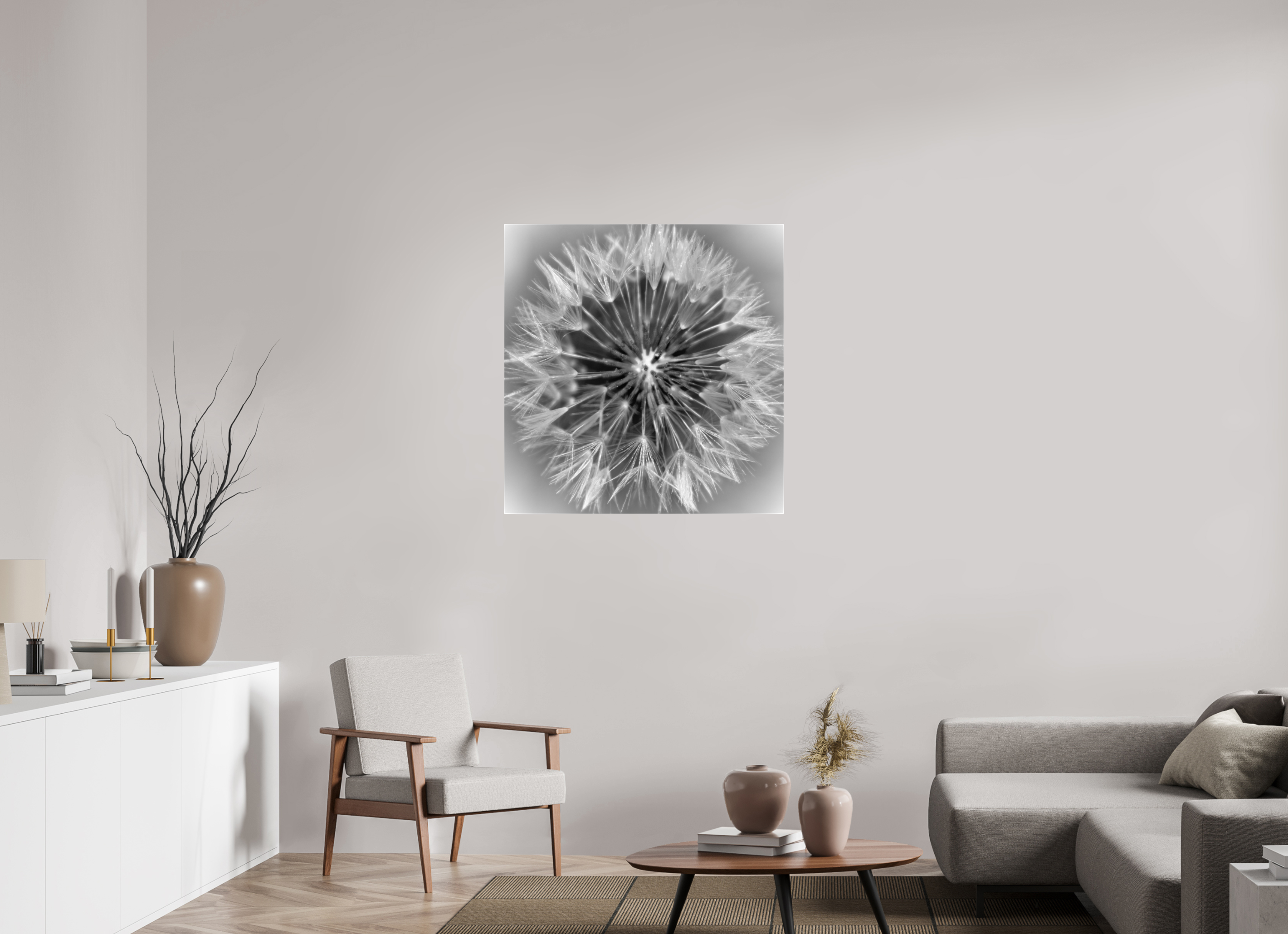35 x 36.3″, Gloss Canvas Geometry of a Wish: Dandelion Clock Black and White