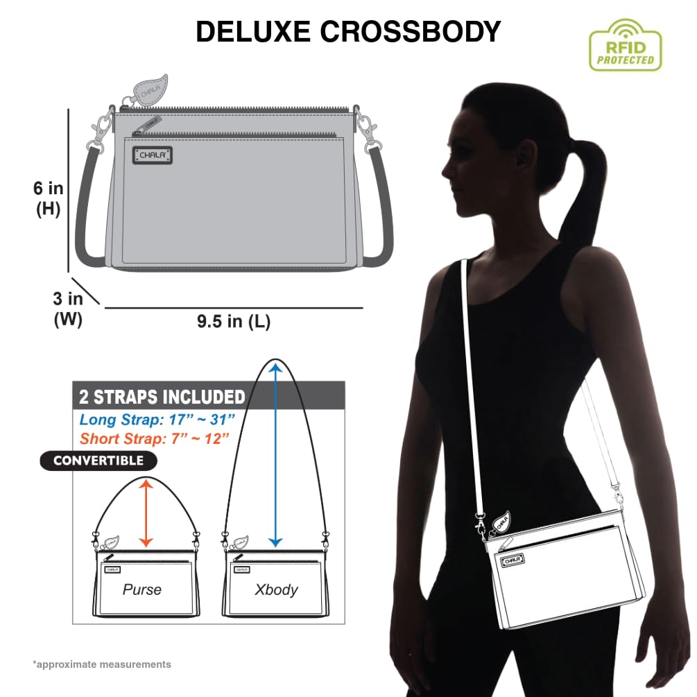 CHALA RFID Protected Vegan Leather Deluxe Crossbody Bag with Adjustable Straps