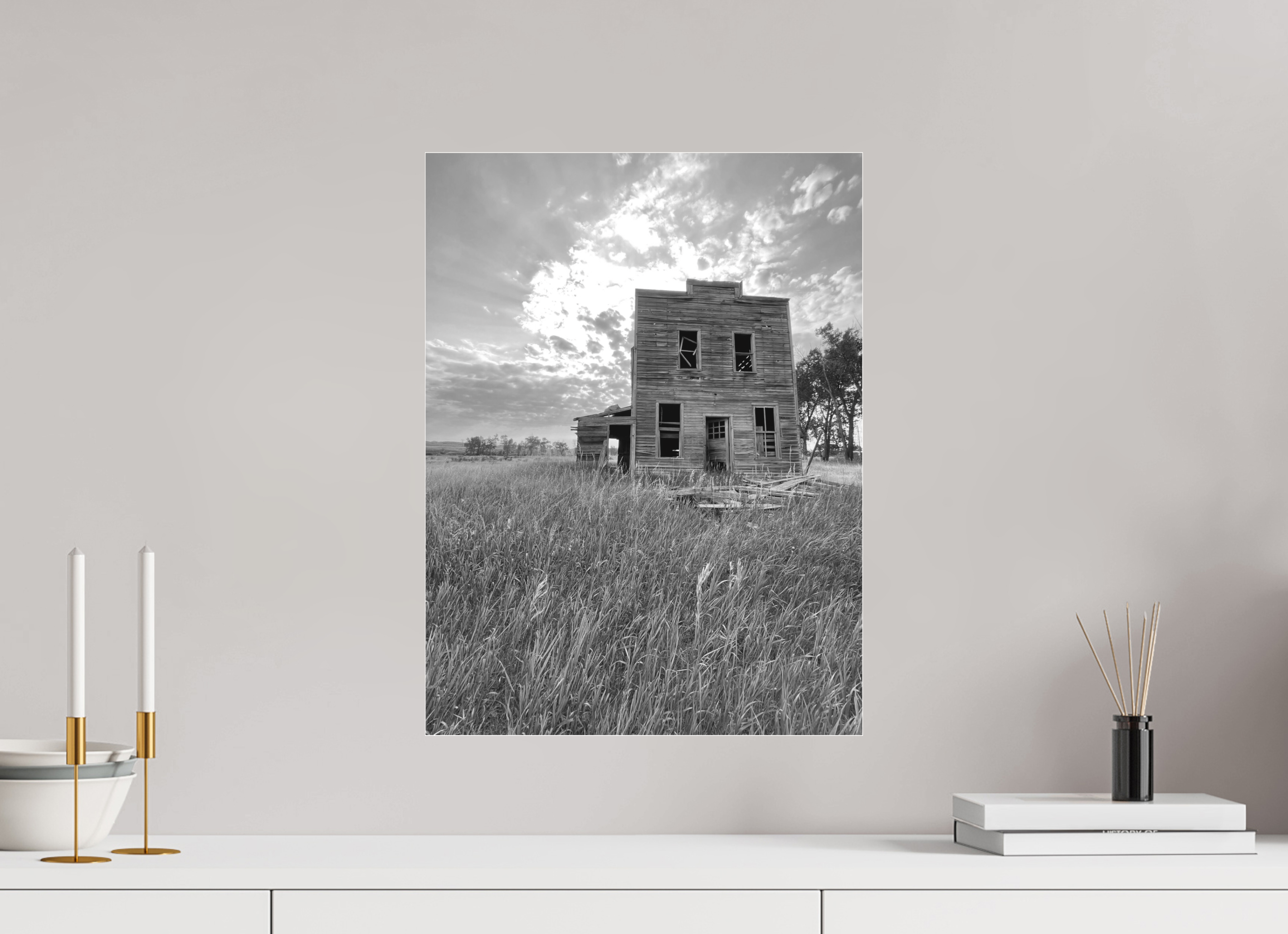 15 x 20″, B & W Acrylic Still Standing: Abandoned Prairie Homestead