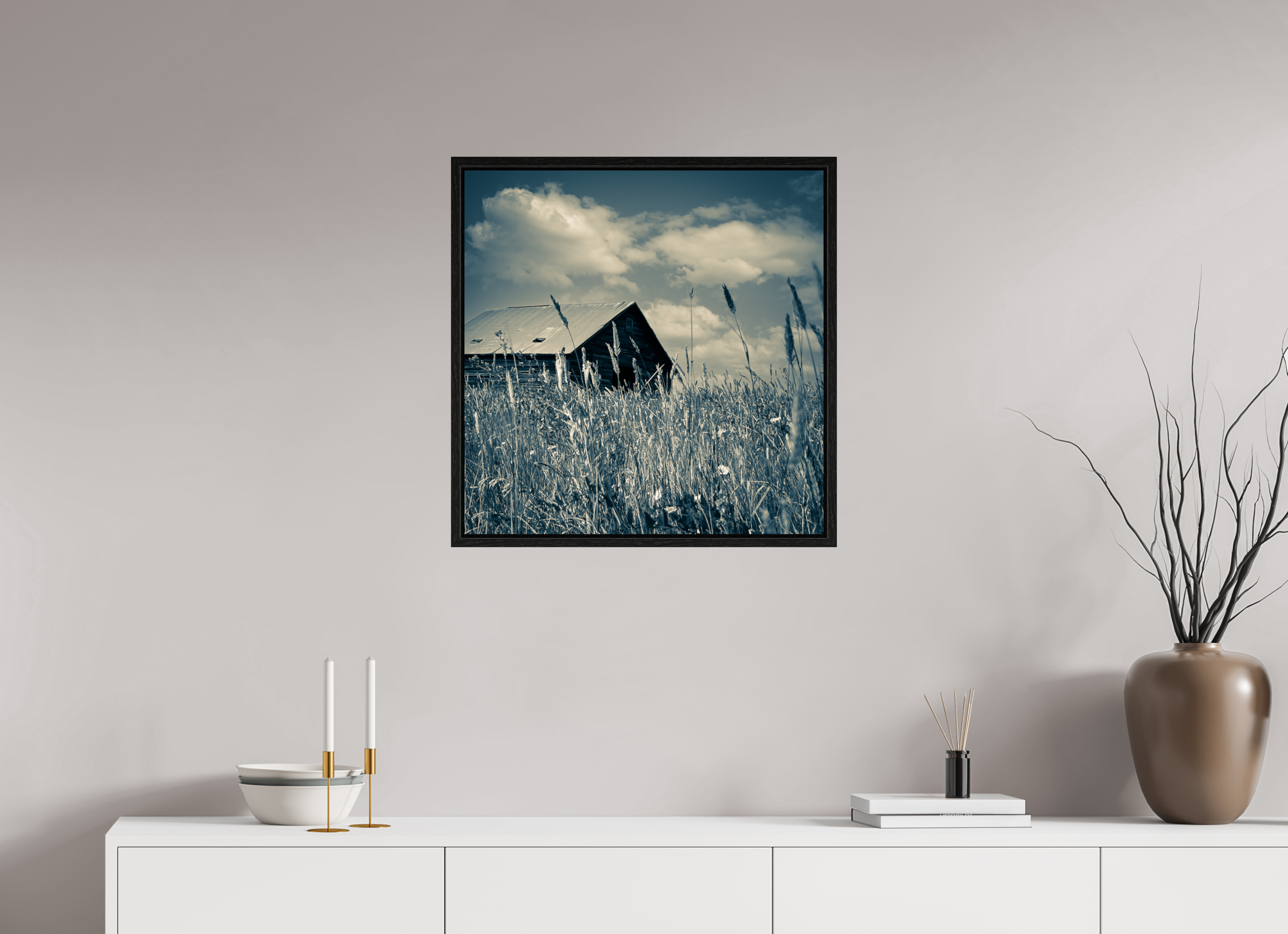24 x 24.3″, Floater Frame Reclaimed: Abandoned Barn Through Prairie Grass