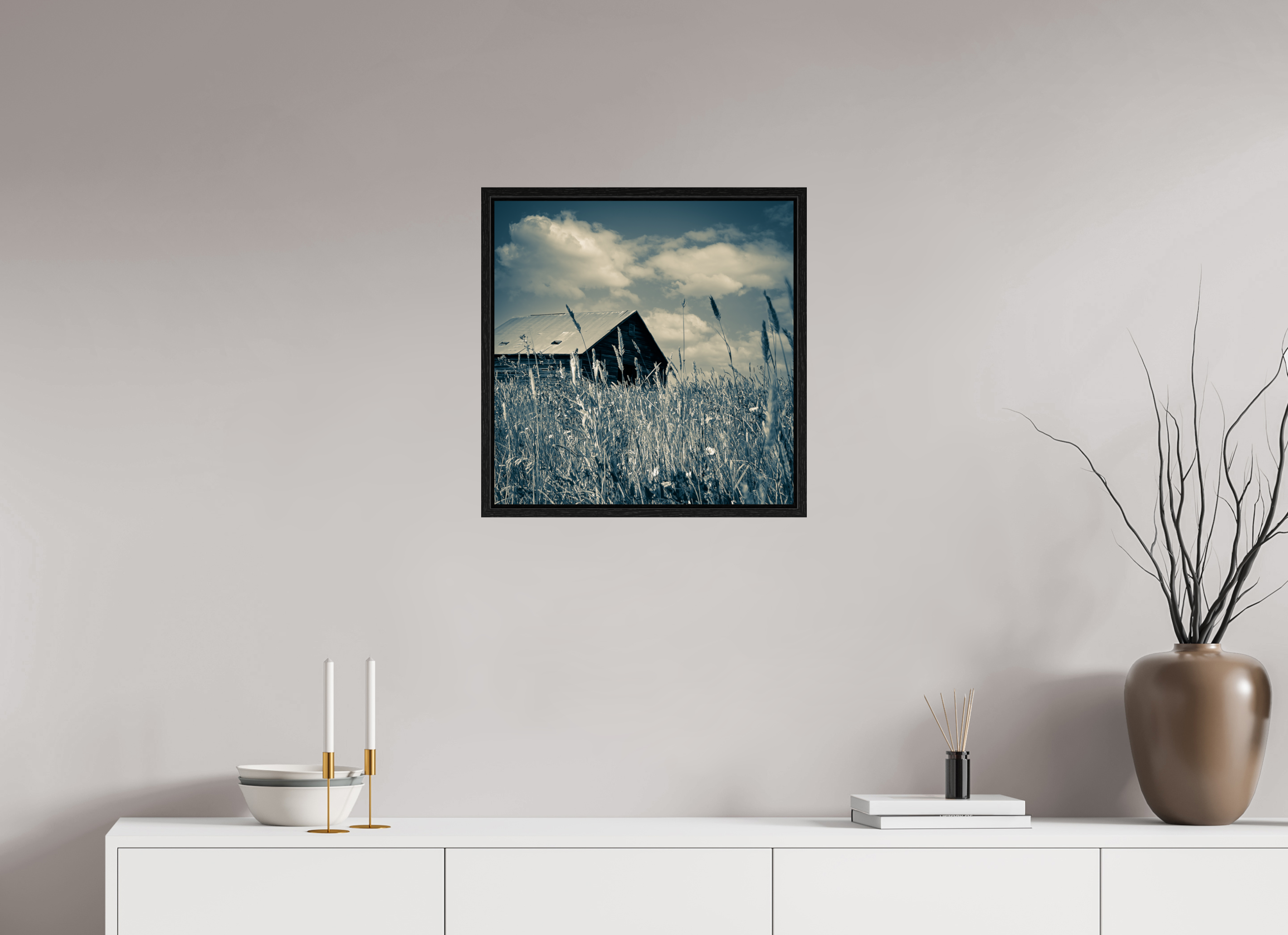 20 x 20.3″, Floater Frame Reclaimed: Abandoned Barn Through Prairie Grass