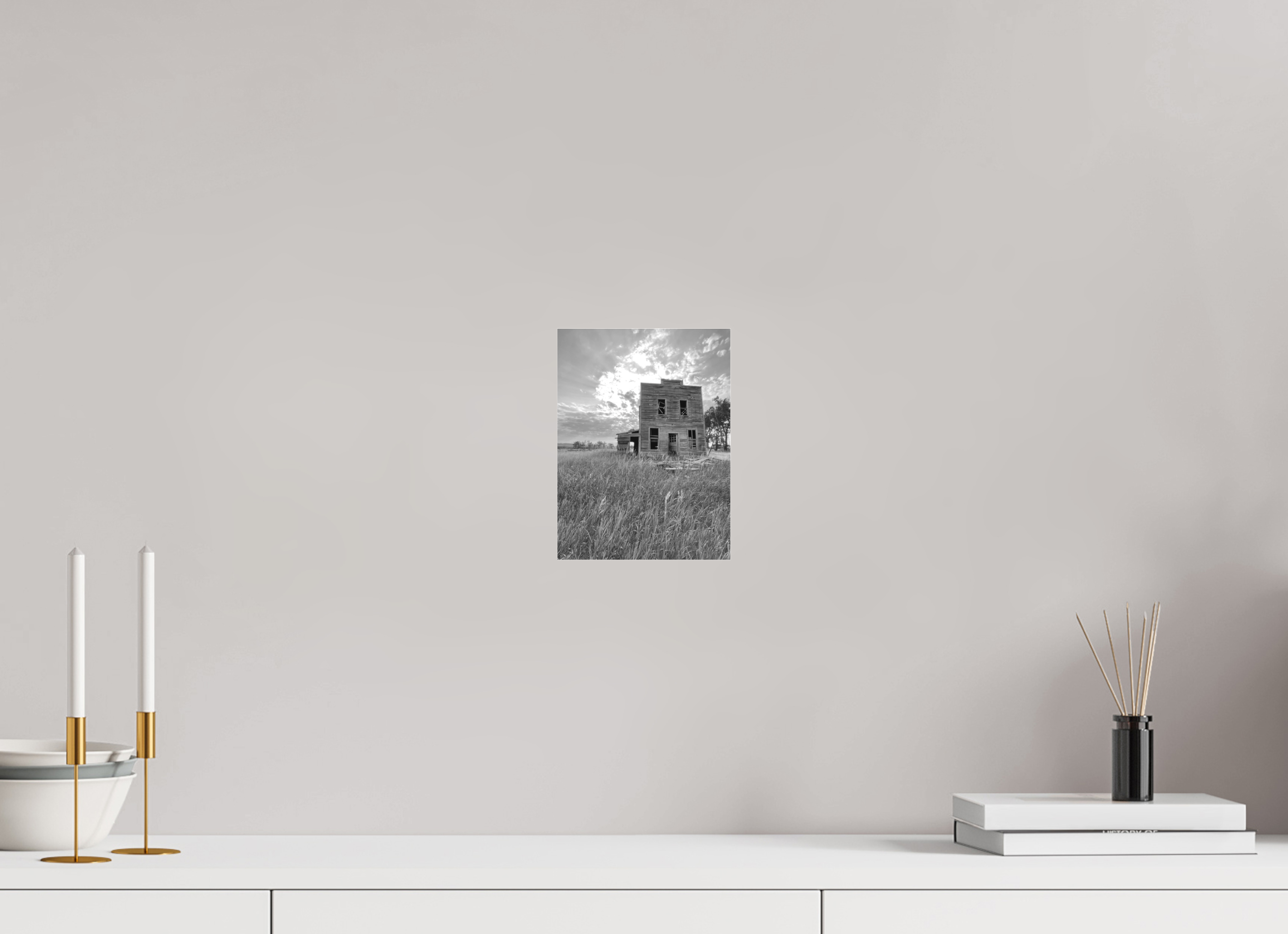 6 x 8″, B & W Acrylic Still Standing: Abandoned Prairie Homestead