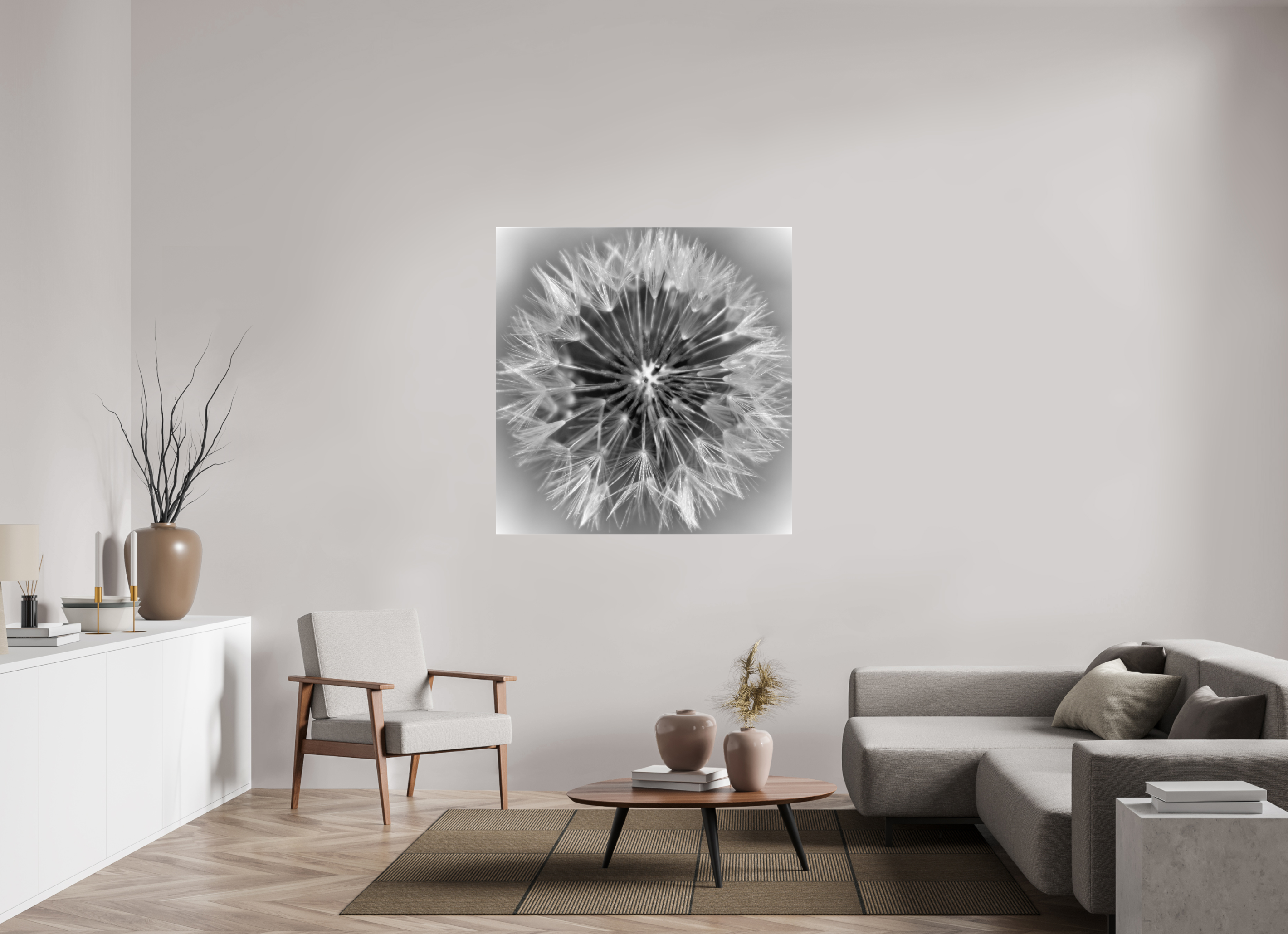 47 x 48.7″, Gloss Canvas Geometry of a Wish: Dandelion Clock Black and White