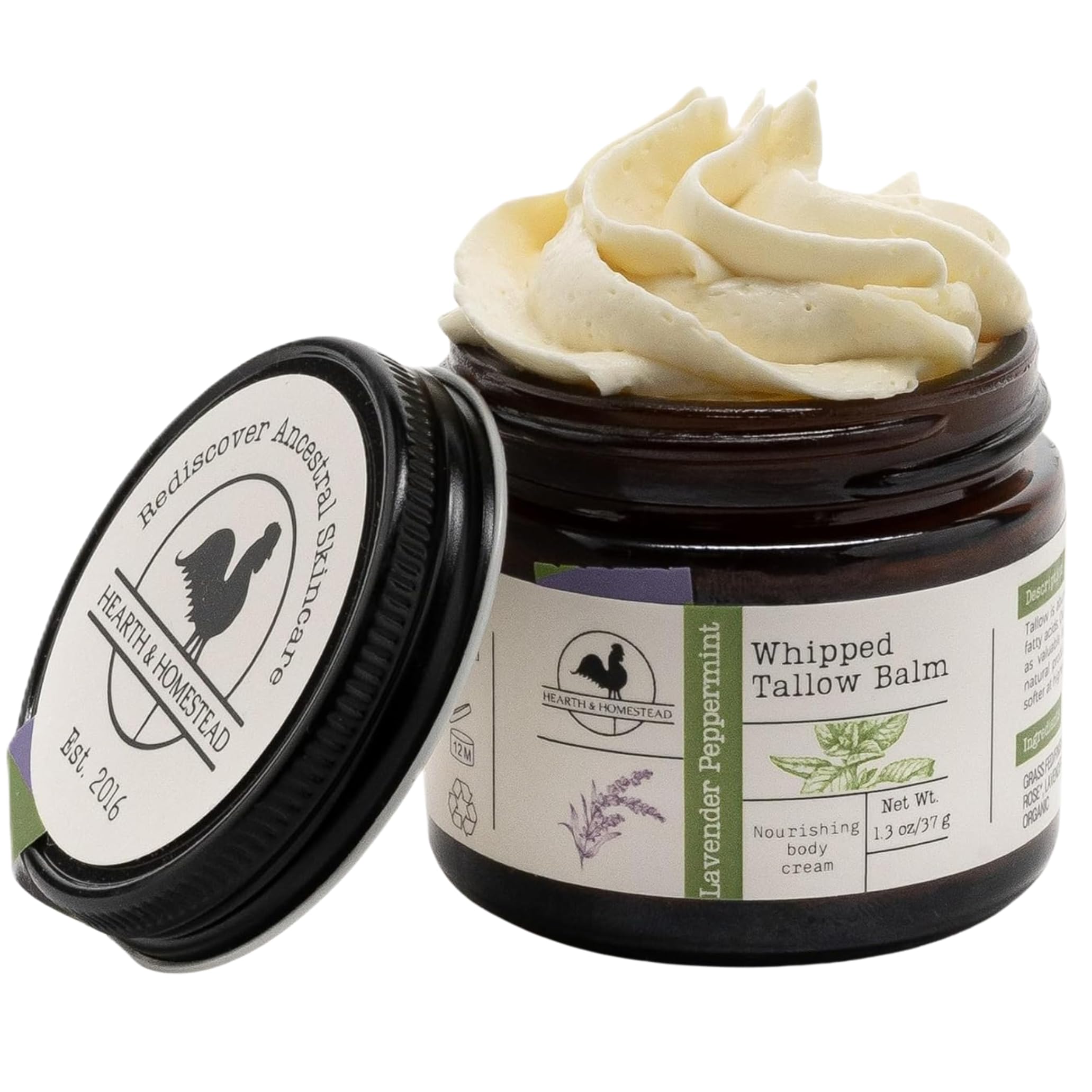 Hearth and Homestead: Handmade Whipped Tallow Balm (Herb-Infused/Unscented) - Large Jar - 2.6 oz