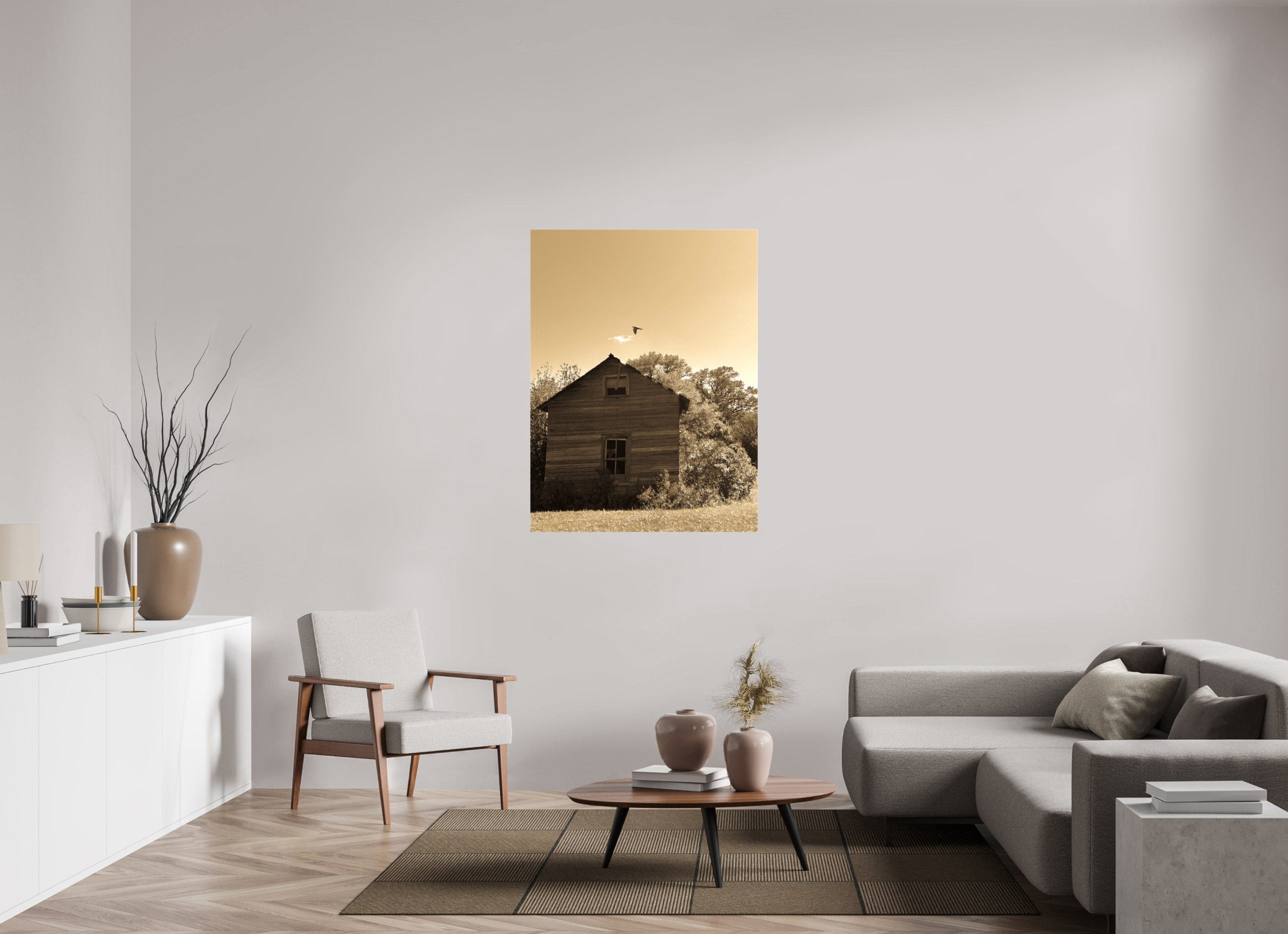 36 x 48″, Gloss Canvas Taking Flight: Abandoned Homestead with Bird Fine Art Print
