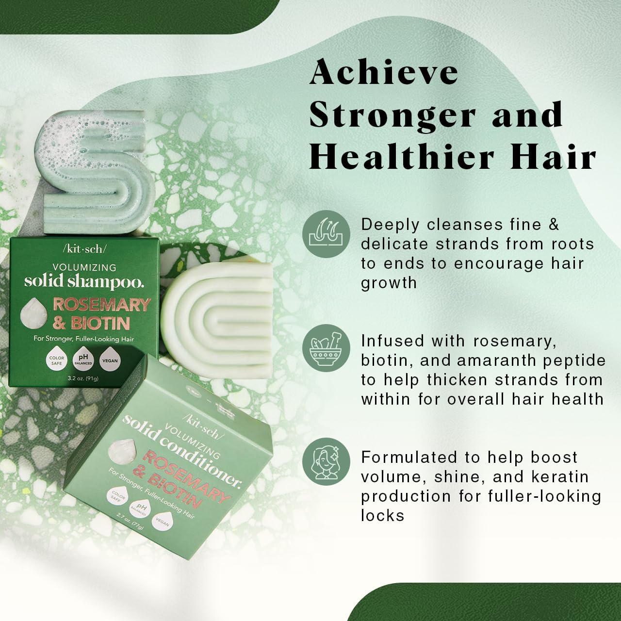 Kitsch Rosemary & Biotin Shampoo and Conditioner Set for Hair Growth - Strengthening, Thickening & Volumizing Shampoo and Conditioner Bar - Paraben, Sulfate & Silicone Free - 2 pack