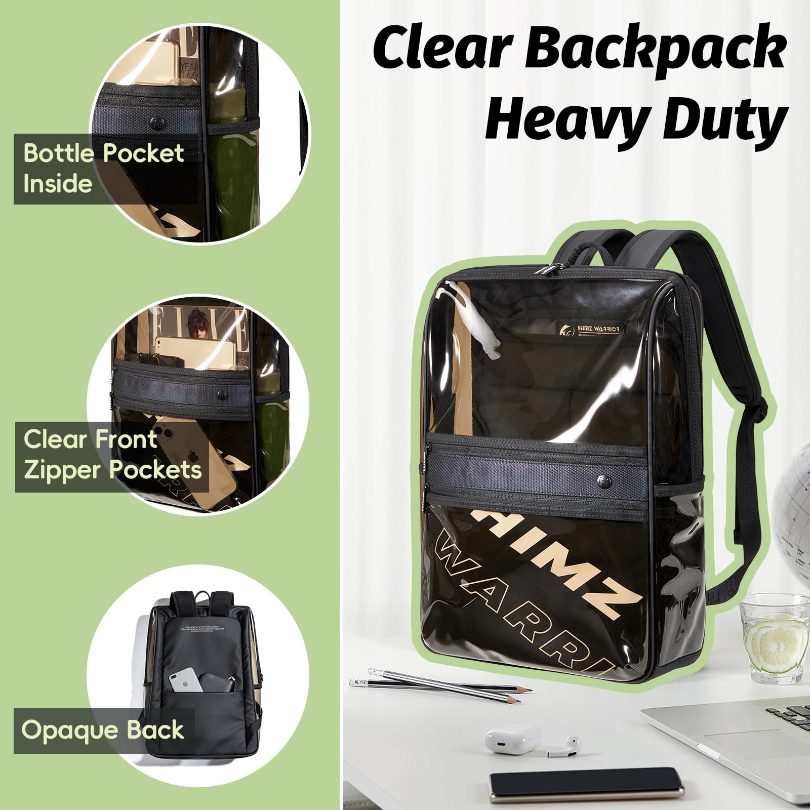 Clear Backpack Heavy Duty for Adults Men Work with Reinforced Straps, Laptop Bag for Stadium Events