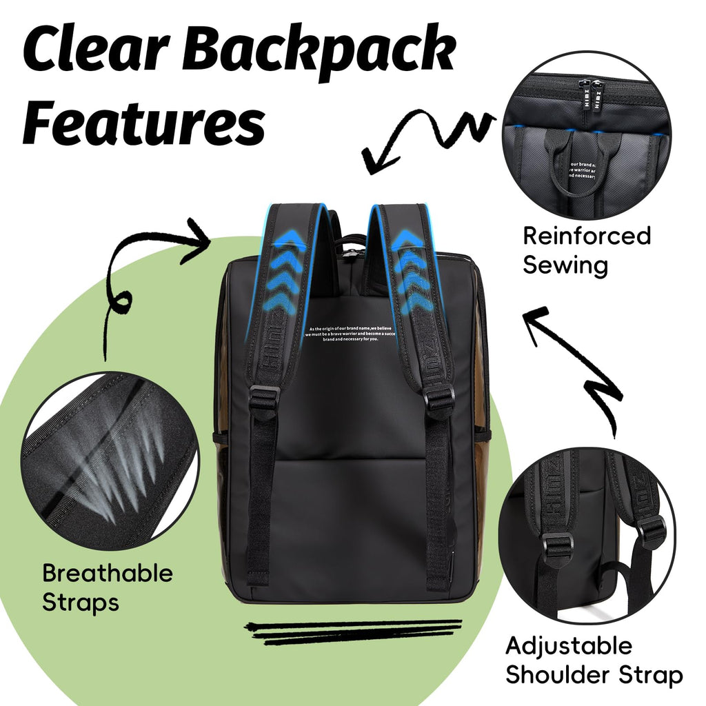 Clear Backpack Heavy Duty for Adults Men Work with Reinforced Straps, Laptop Bag for Stadium Events