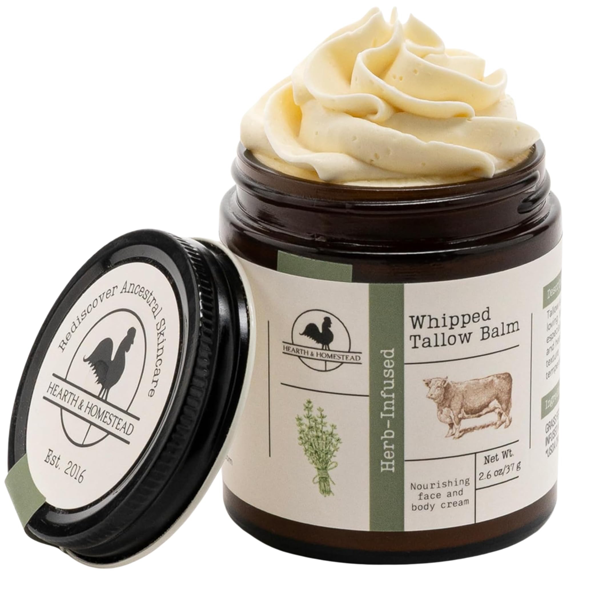 Hearth and Homestead: Handmade Whipped Tallow Balm (Herb-Infused/Unscented) - Large Jar - 2.6 oz