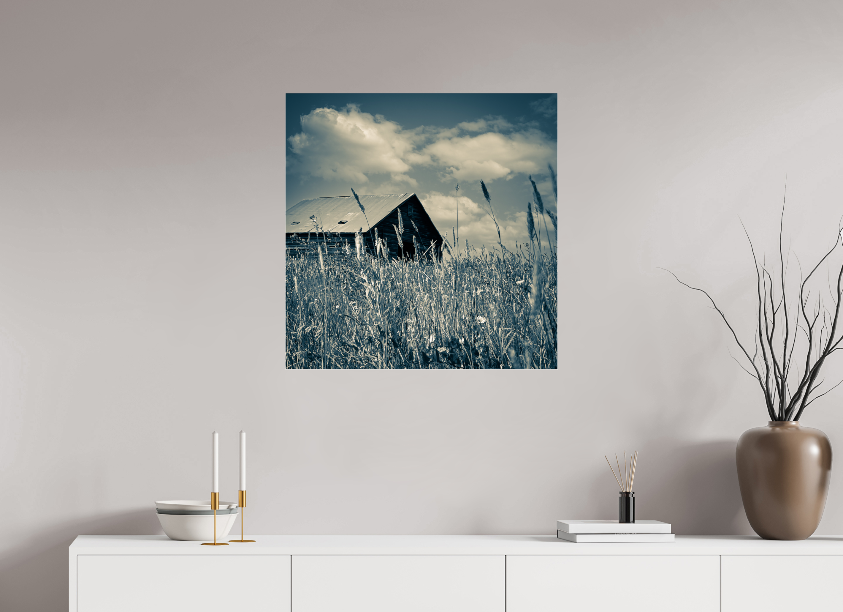 28 x 28.4″, Photo Print Under Acrylic Glass Reclaimed: Abandoned Barn Through Prairie Grass
