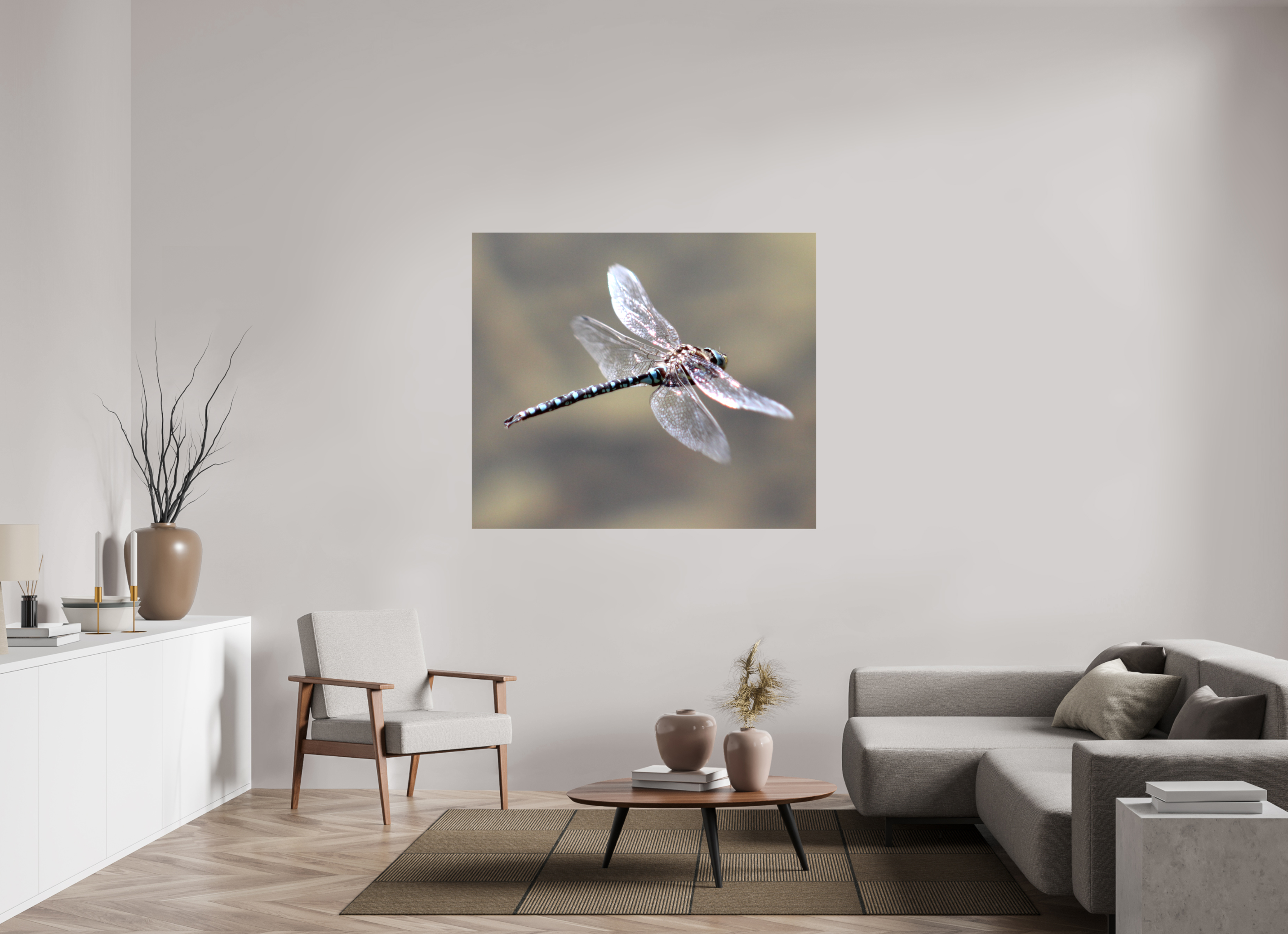 54.6 x 47″, Gloss Canvas Suspended: Blue Dragonfly in Flight