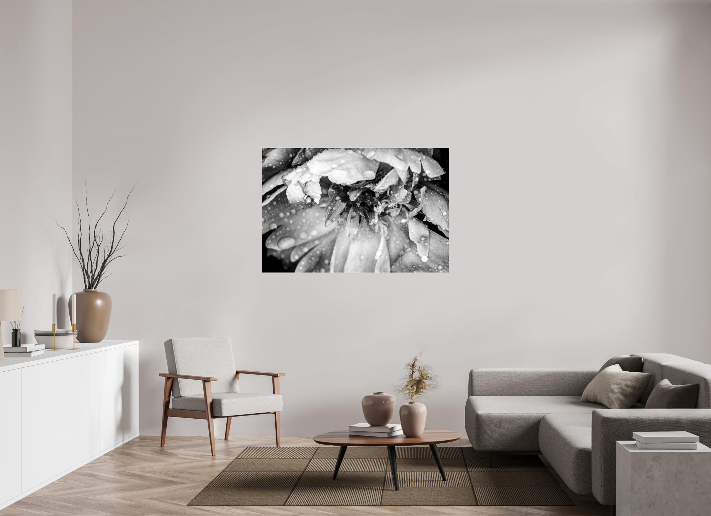 54 x 36″, Wood ArtBox with Acrylic After the Rain: Black and White Flower Fine Art Print