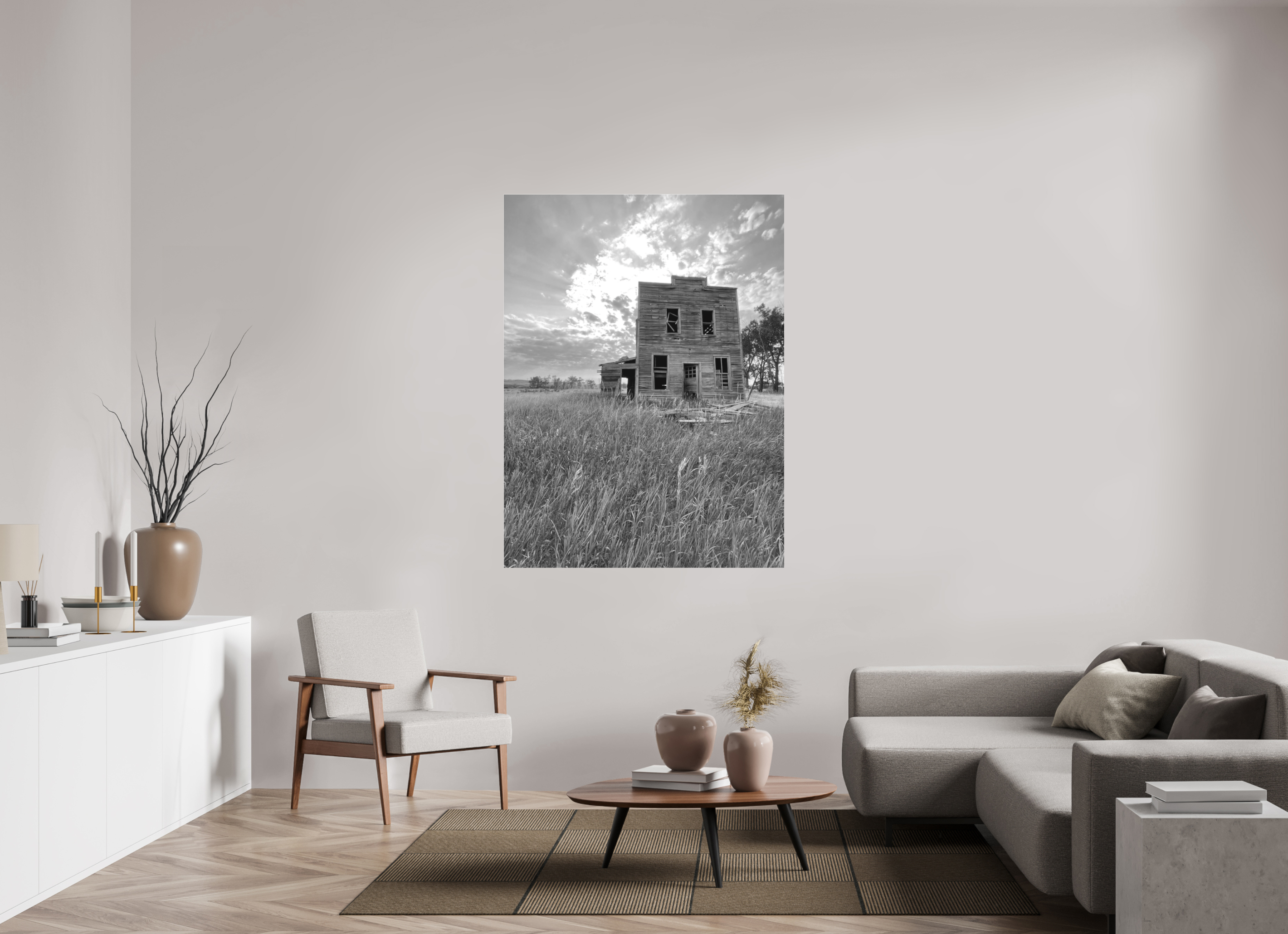 45 x 60″, B & W Acrylic Still Standing: Abandoned Prairie Homestead