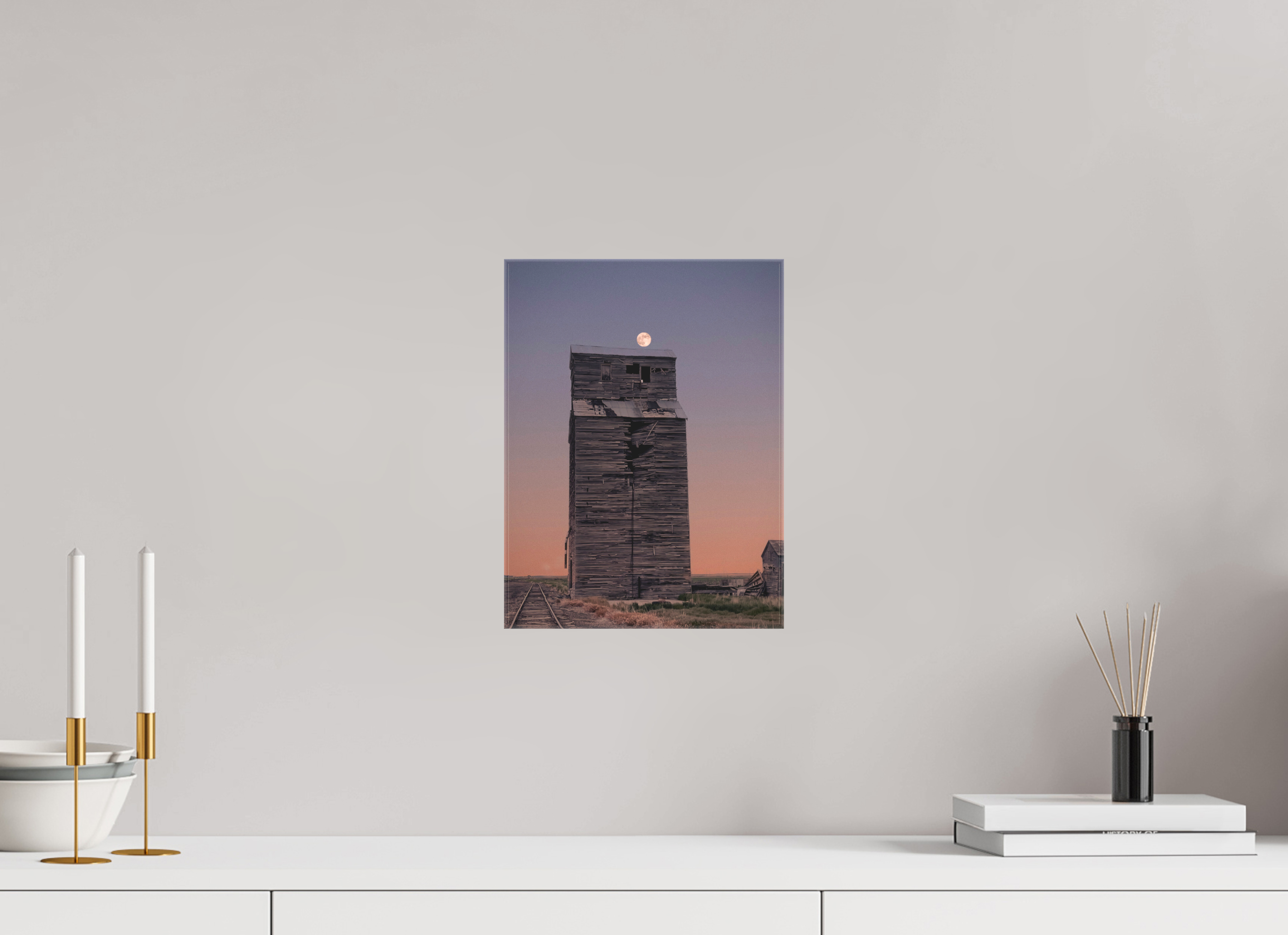 9 x 12″, Gloss Canvas Pink Moon Haze: Abandoned Grain Elevator