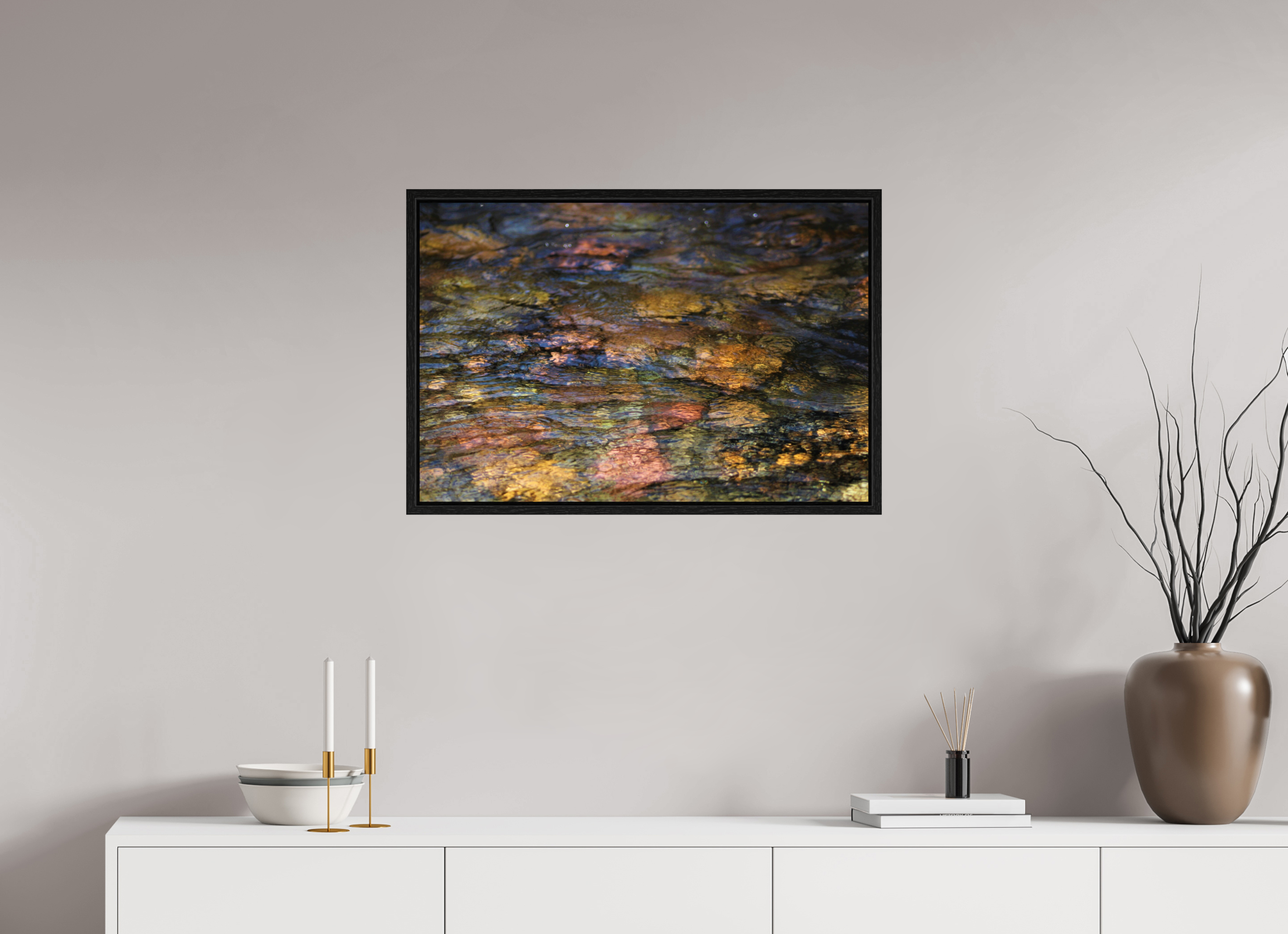30 x 20″, Floater Frame Liquid Gold: Creek Stone