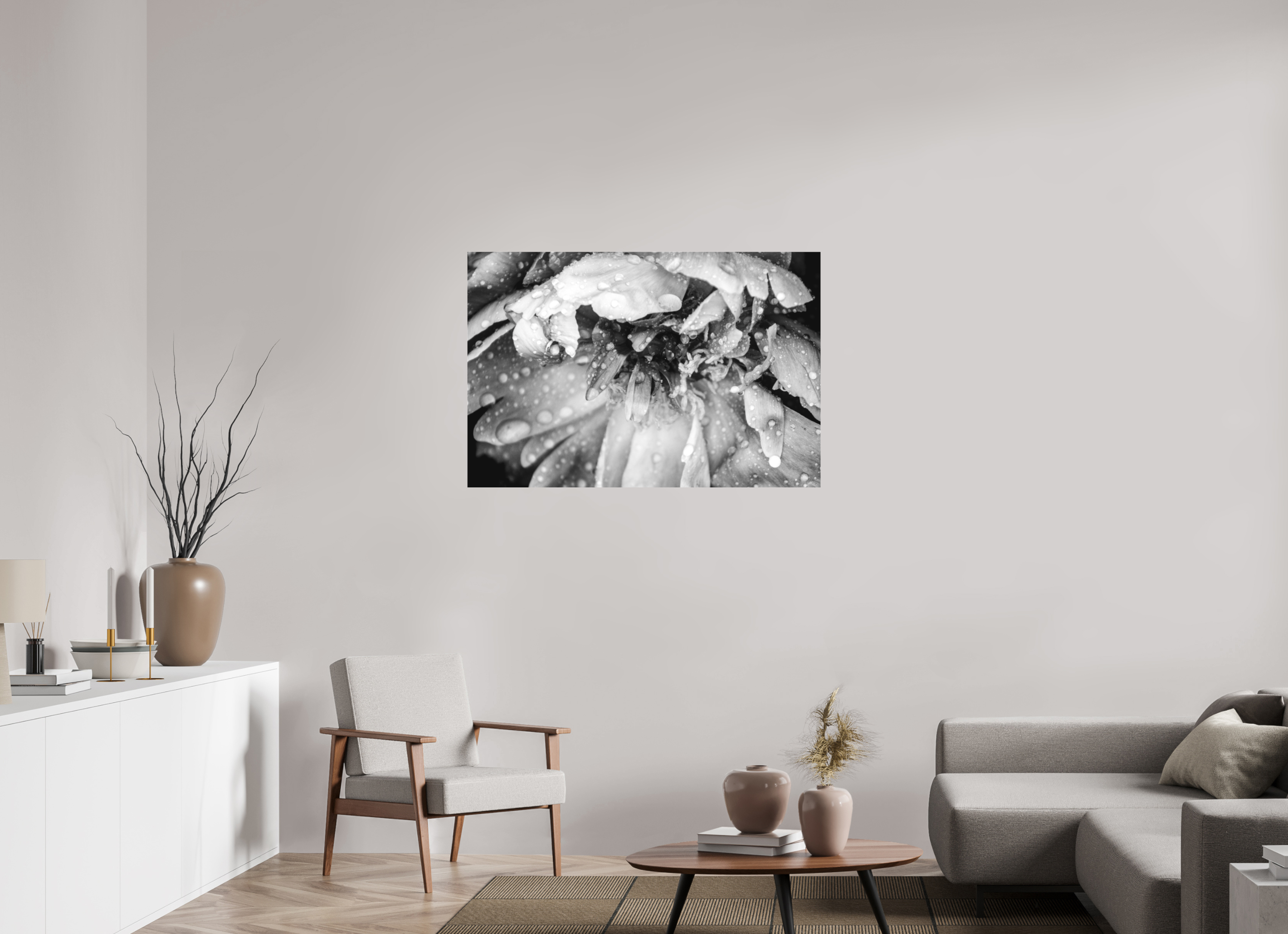 45 x 30″, B & W Acrylic After the Rain: Black and White Flower Fine Art Print