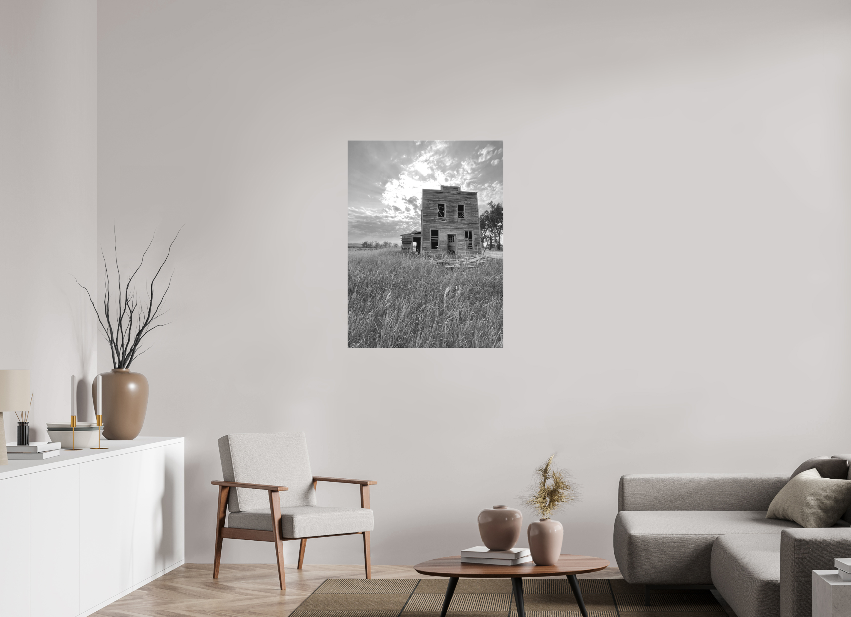 30 x 40″, B & W Acrylic Still Standing: Abandoned Prairie Homestead