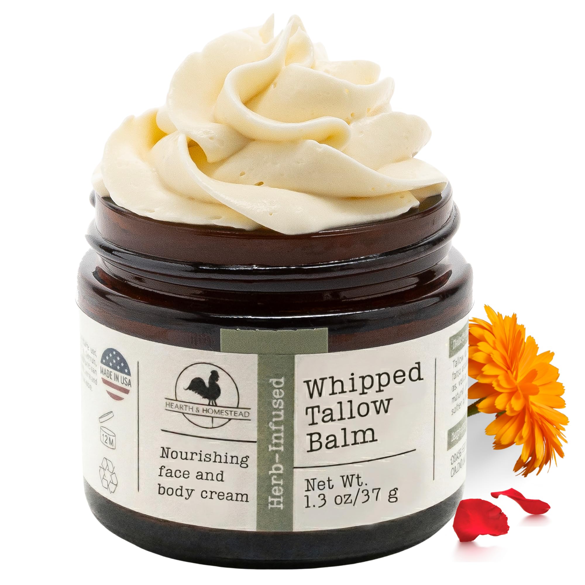Hearth and Homestead: Handmade Whipped Tallow Balm (Herb-Infused/Unscented) - Large Jar - 2.6 oz