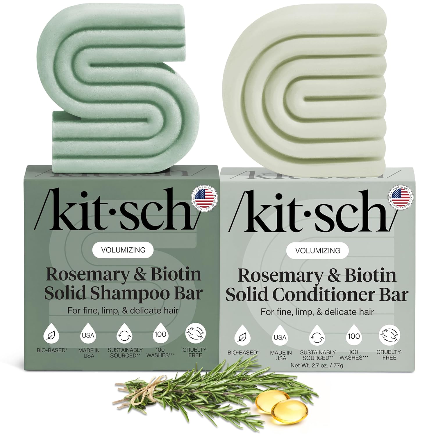 Kitsch Rosemary & Biotin Shampoo and Conditioner Set for Hair Growth - Strengthening, Thickening & Volumizing Shampoo and Conditioner Bar - Paraben, Sulfate & Silicone Free - 2 pack