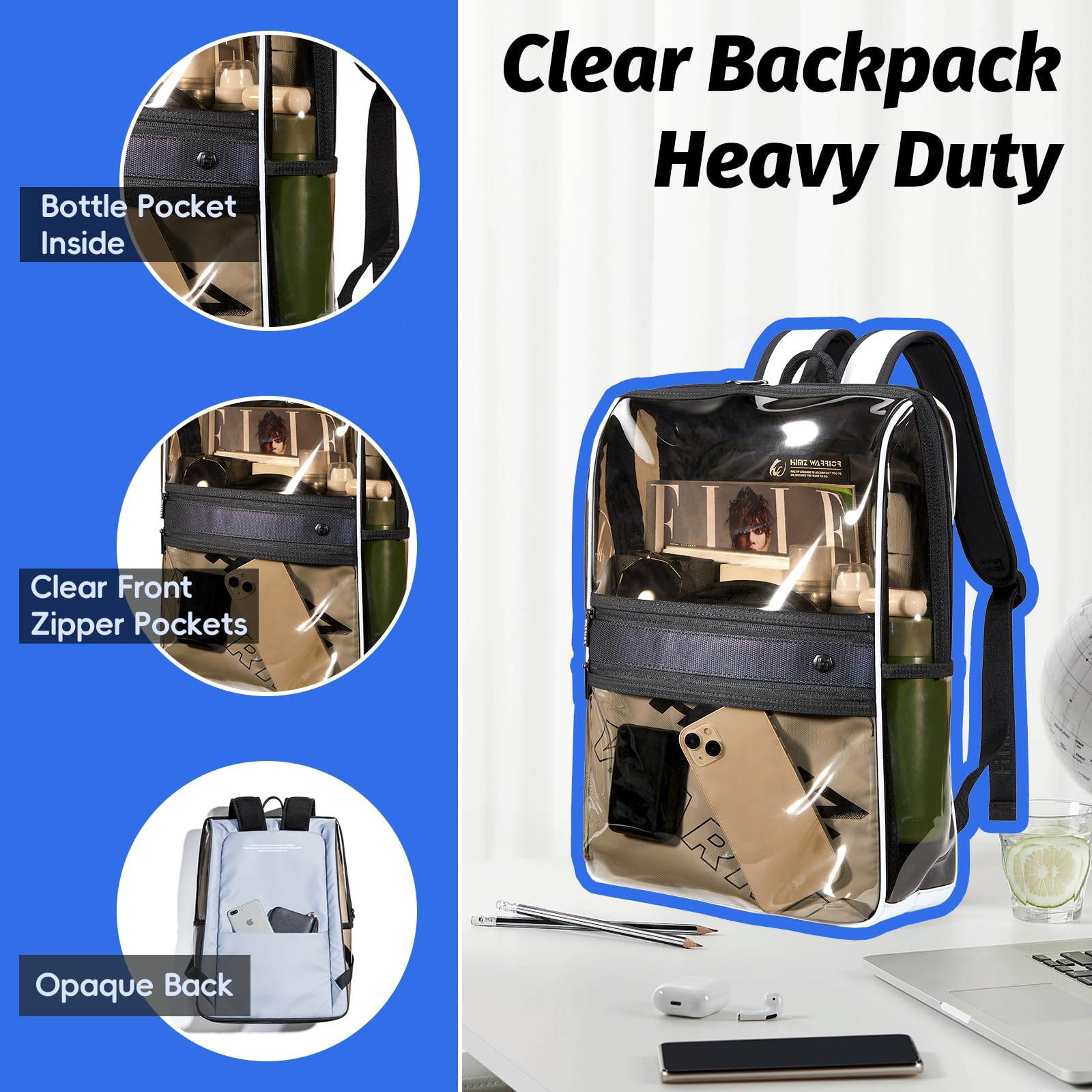 Clear Backpack Heavy Duty for Adults Men Work with Reinforced Straps, Laptop Bag for Stadium Events