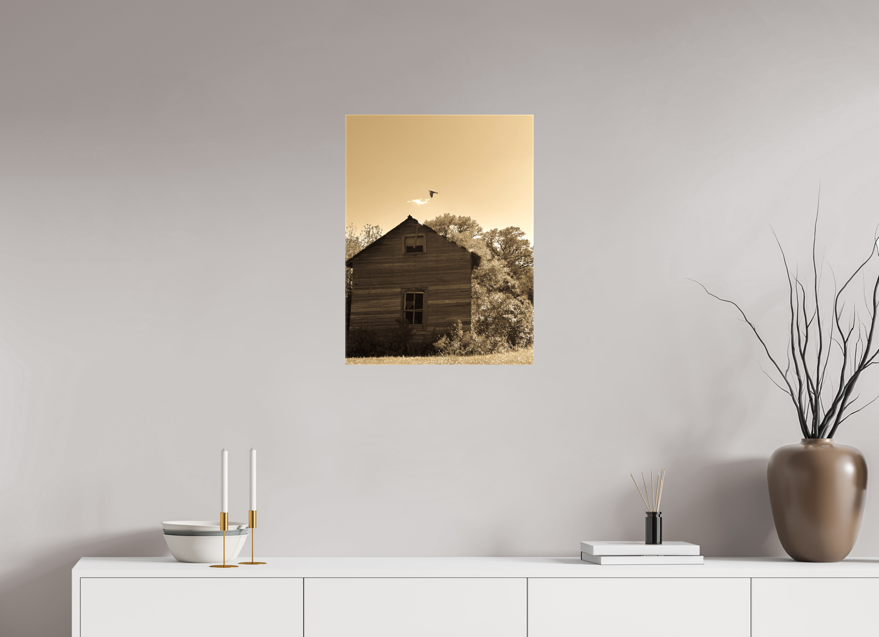 18 x 24″, Gloss Canvas Taking Flight: Abandoned Homestead with Bird Fine Art Print