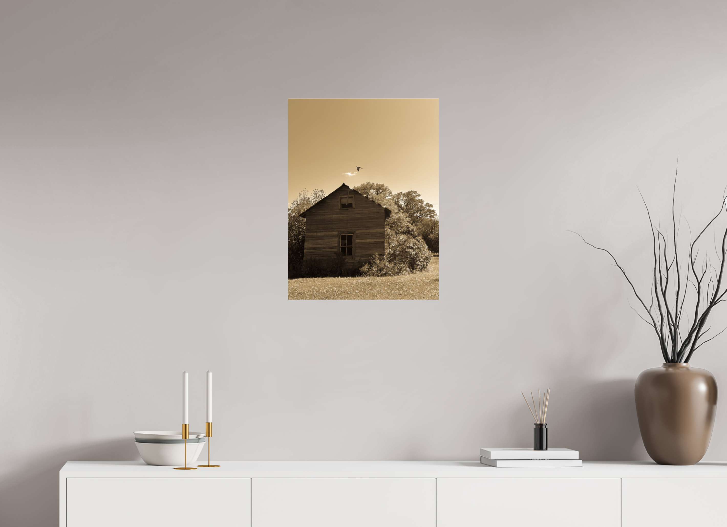 18 x 24″, Photo Print Under Acrylic Glass Taking Flight: Abandoned Homestead with Bird Fine Art Print