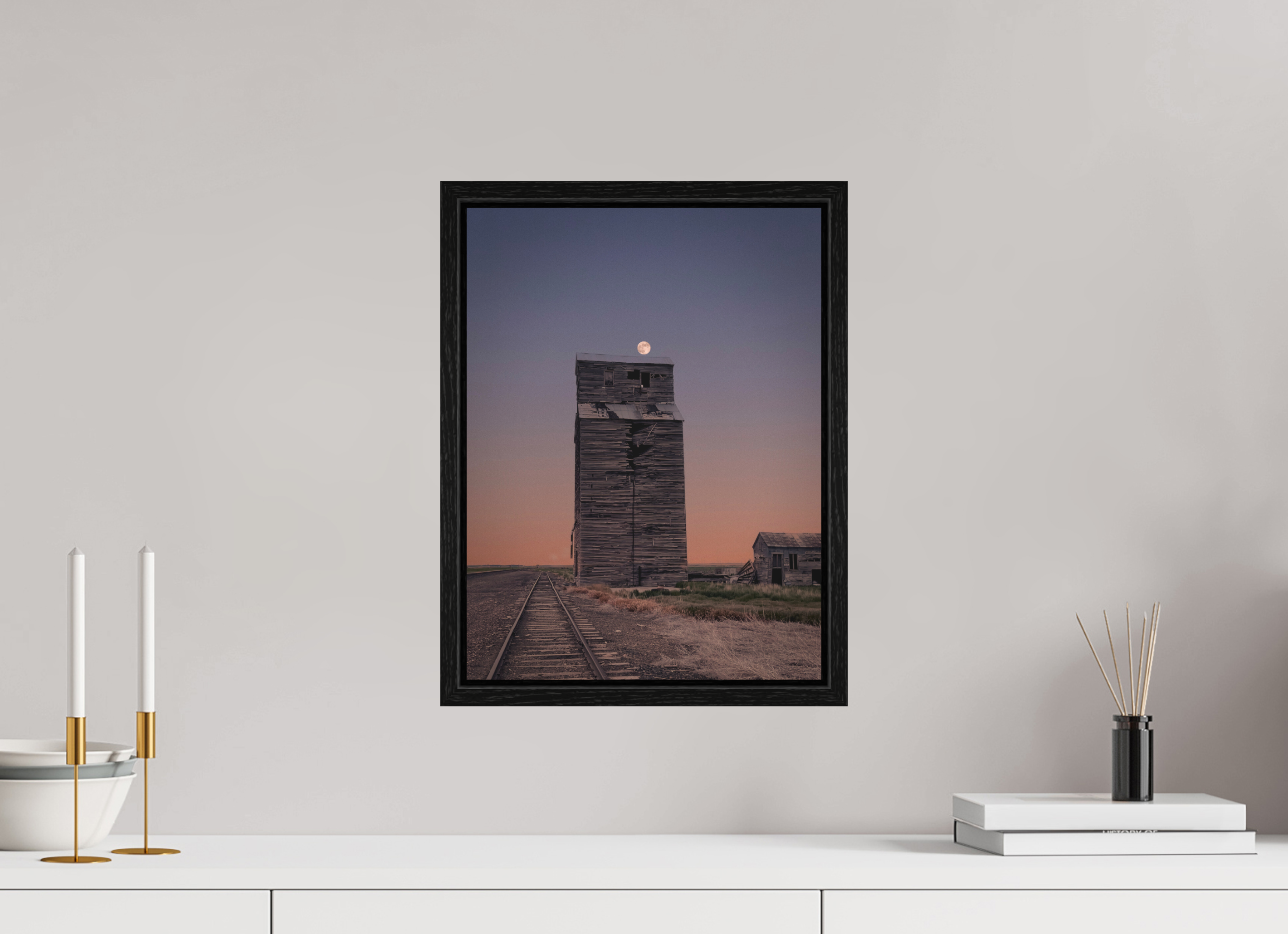 12 x 16″, Floater Frame Pink Moon Haze: Abandoned Grain Elevator