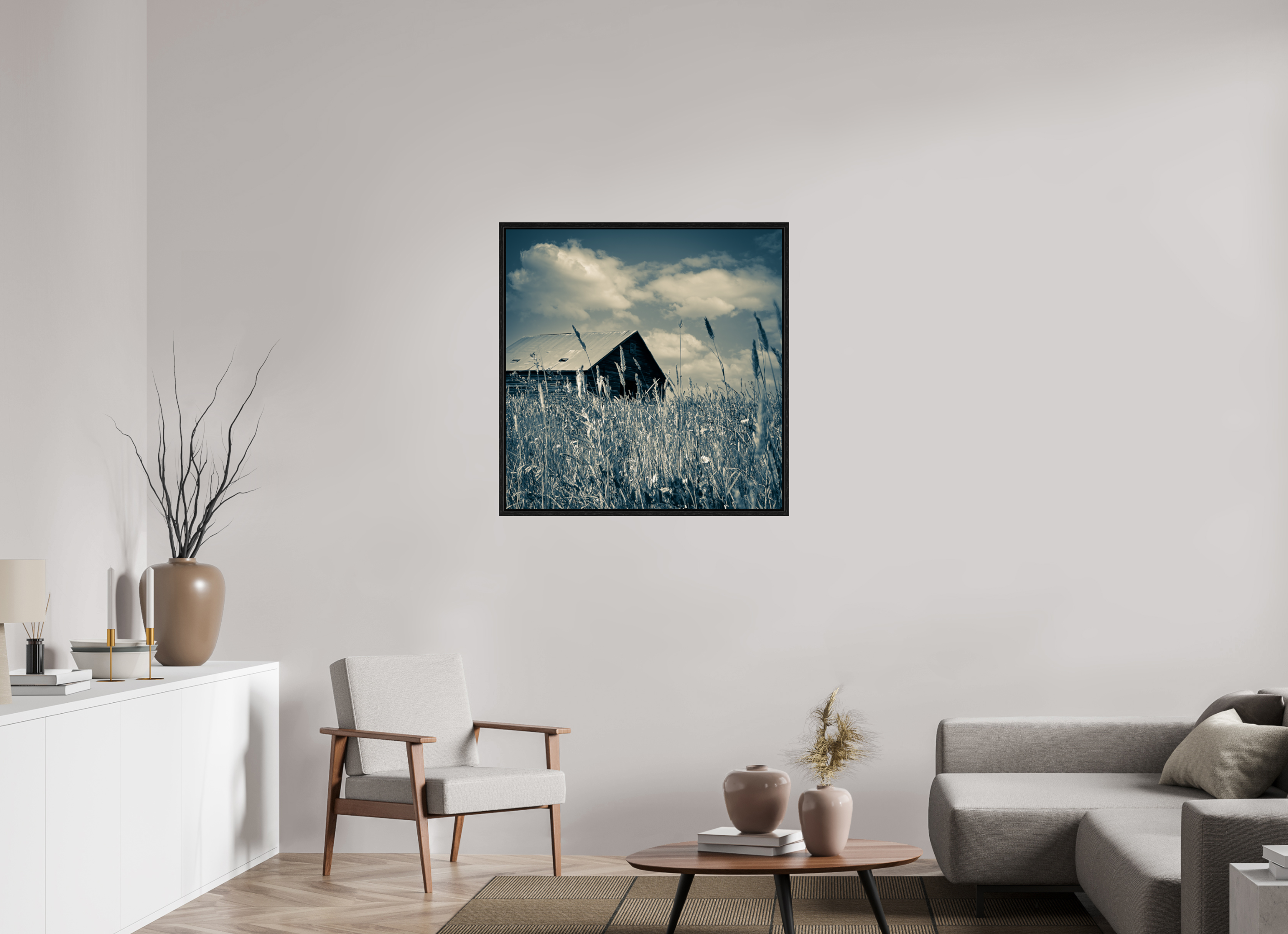 35 x 35.5″, Floater Frame Reclaimed: Abandoned Barn Through Prairie Grass